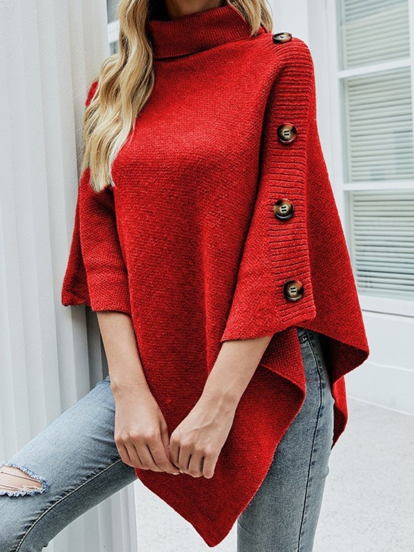 Button-Decor Turtleneck Poncho Pullover