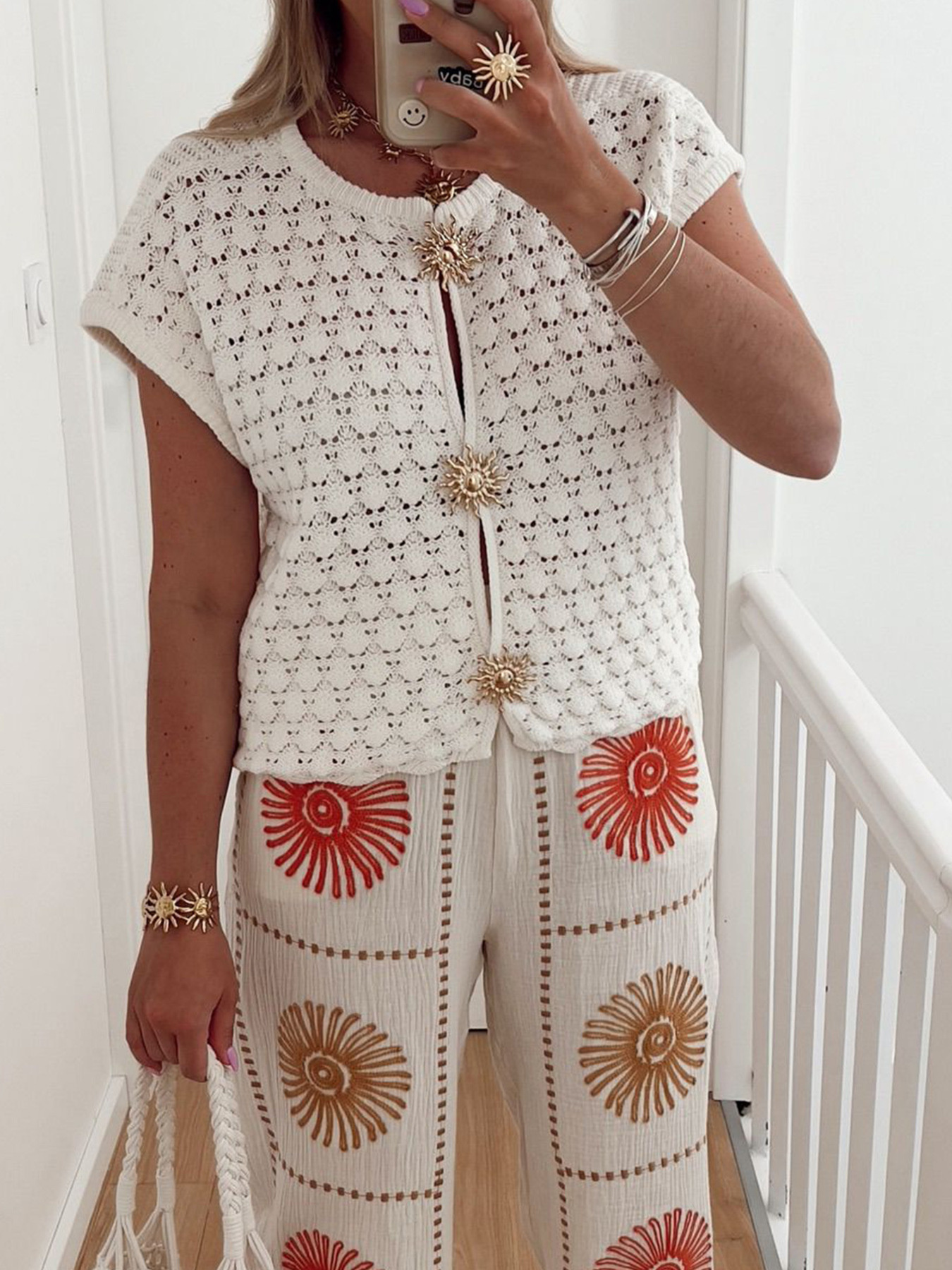 Crochet Short Sleeve Button Front Cardigan