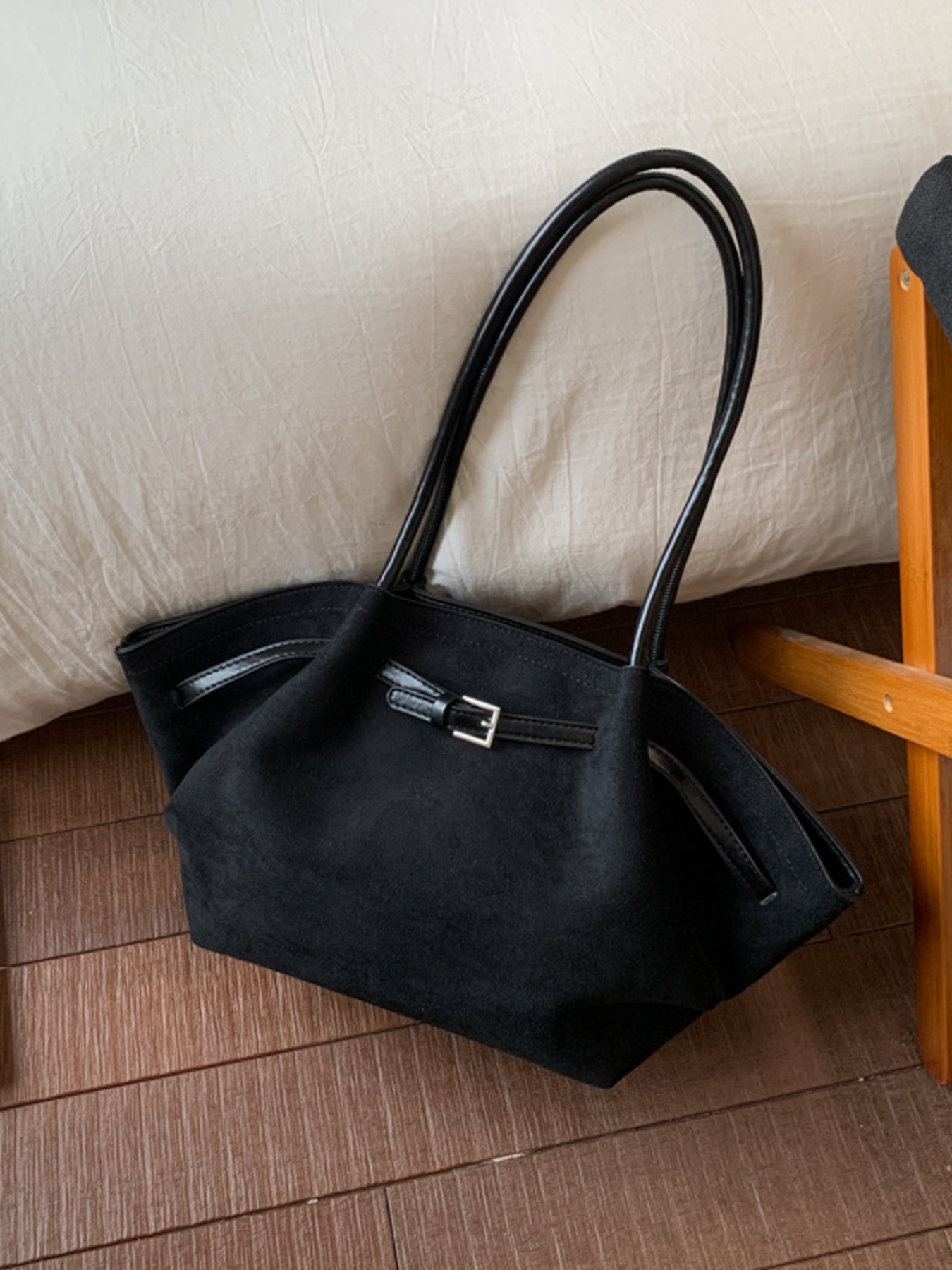 Solid Color Buckle Tote Bag