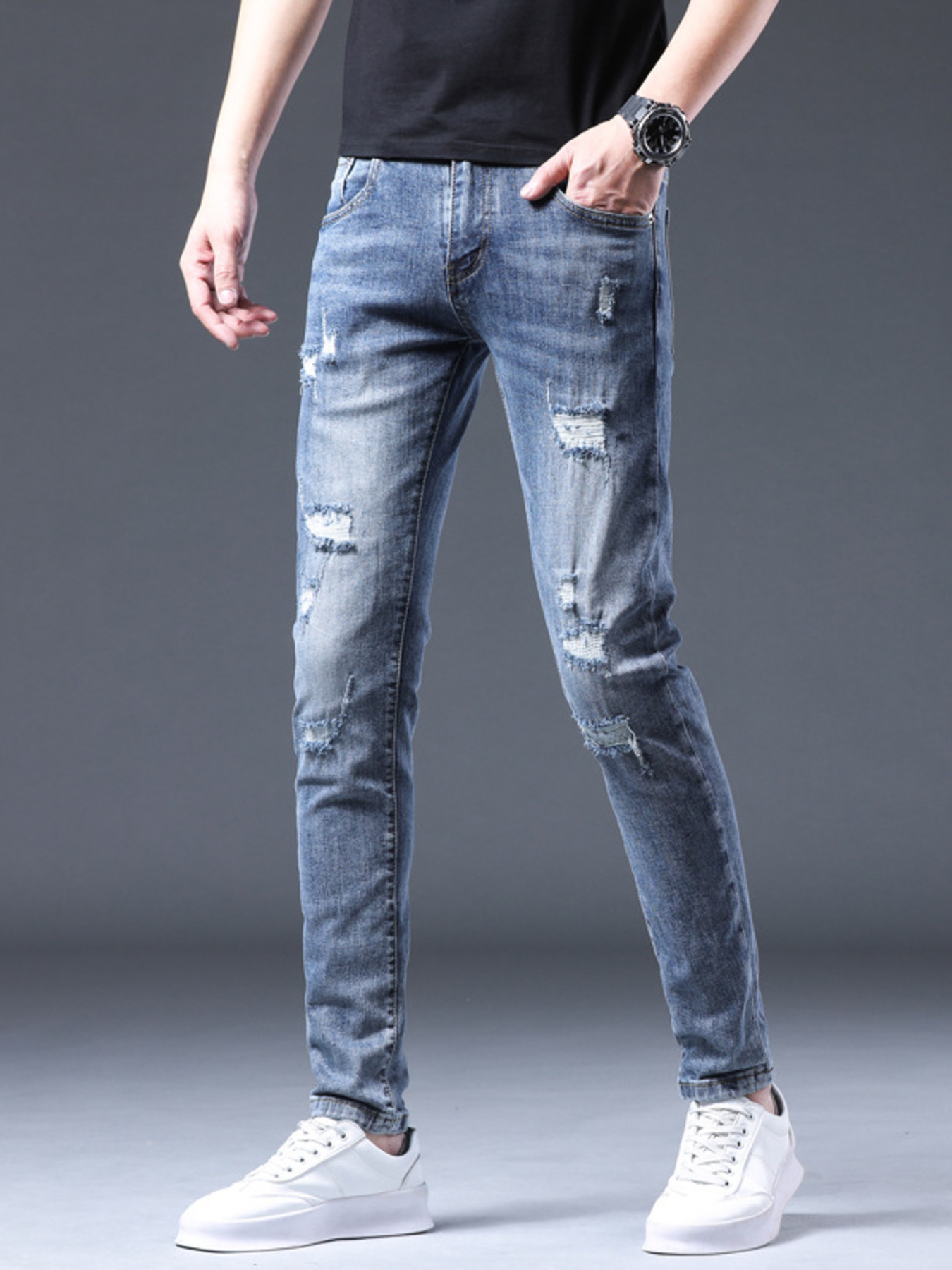 Men's Distressed Slim Fit Ripped Jeans