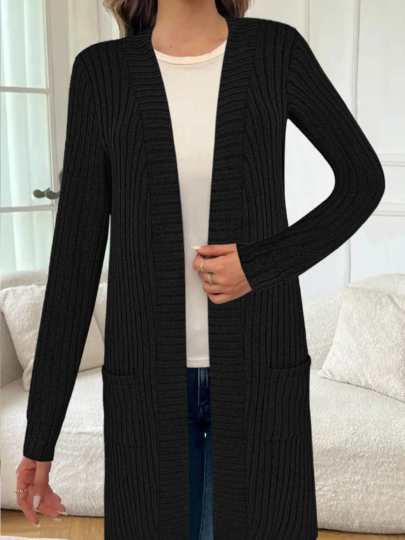 Ribbed Knit Open Front Cardigan