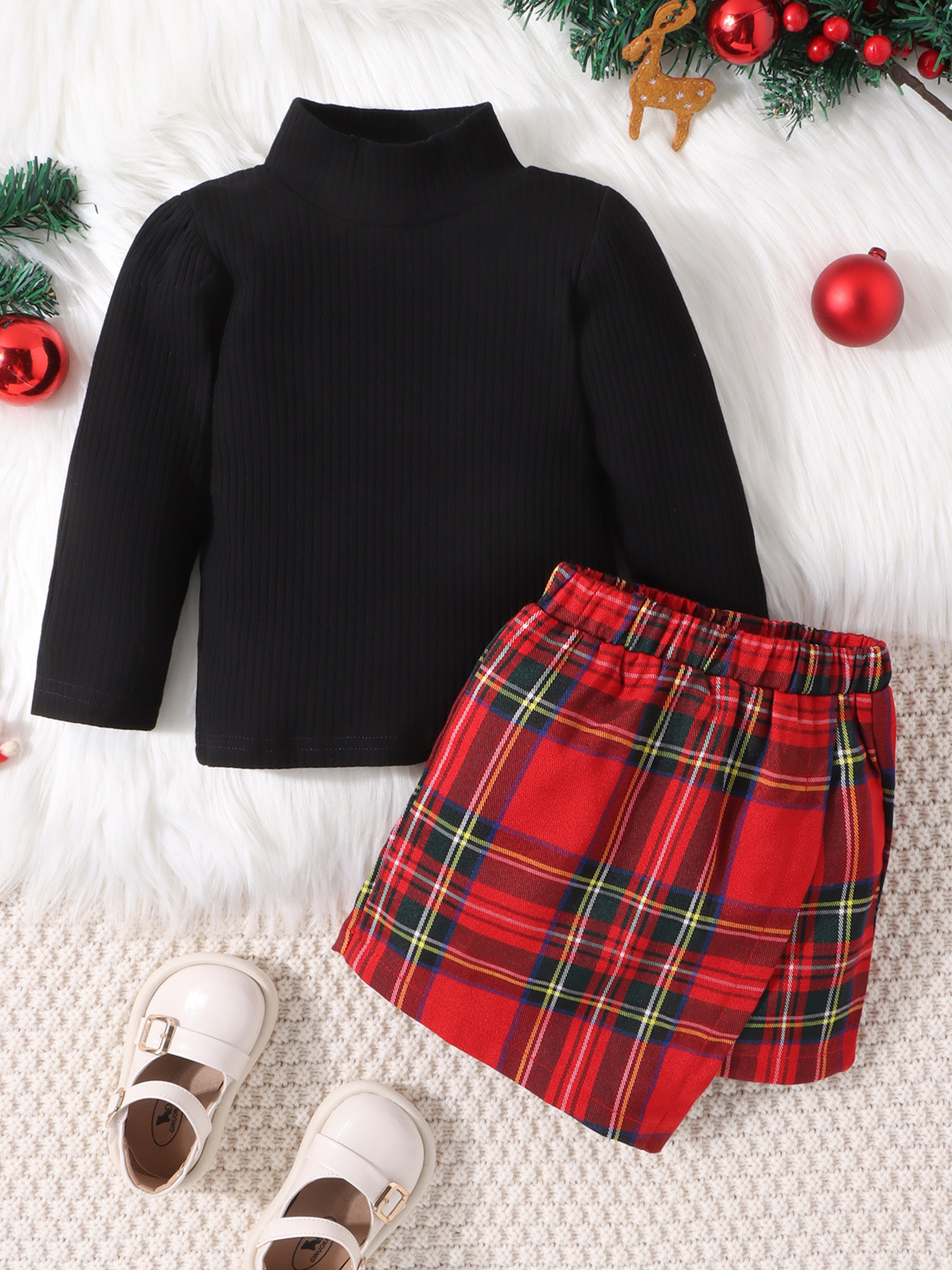 Children's Ribbed Knit Top & Plaid Skirt Set