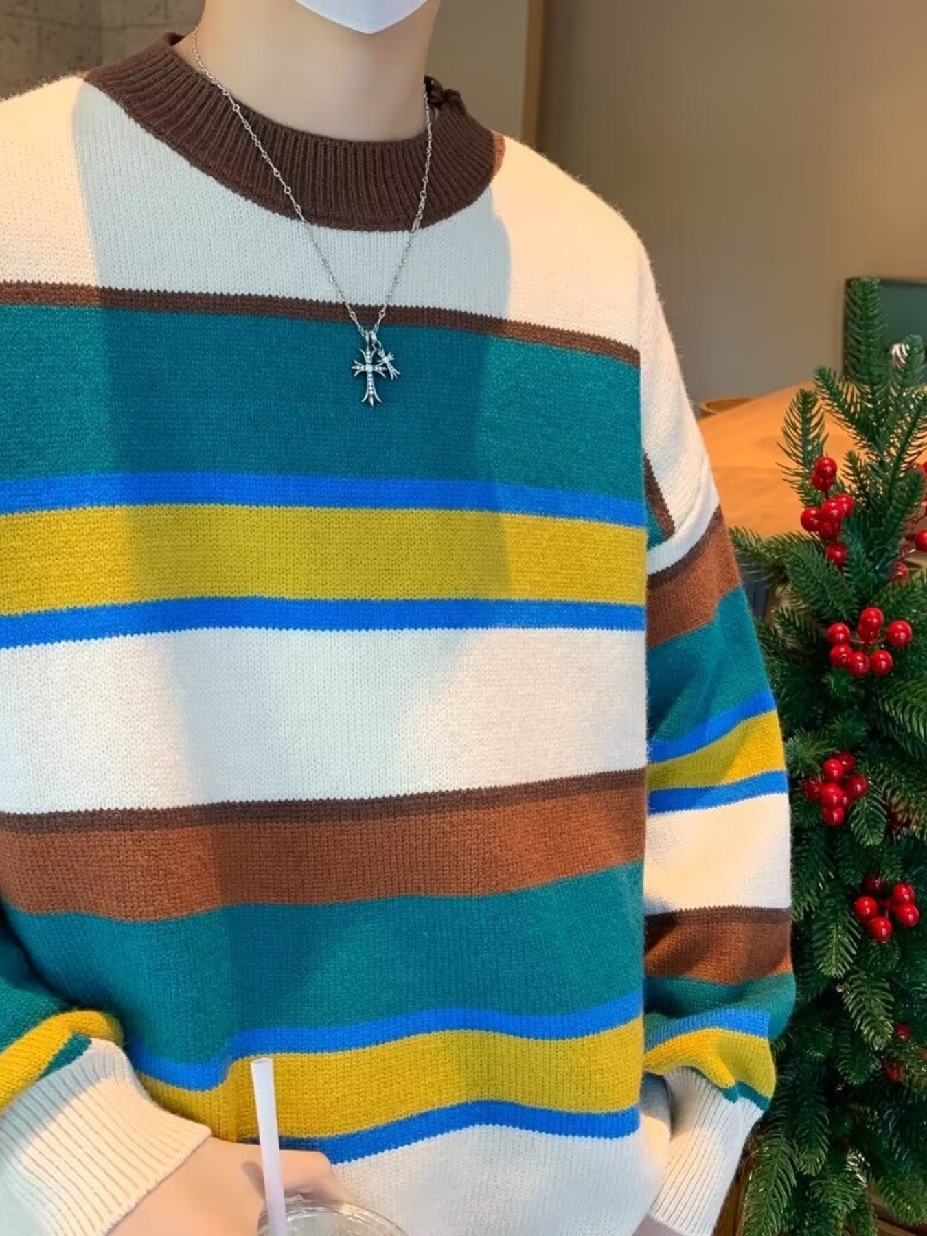 Men's Striped Knit Long Sleeve Sweater