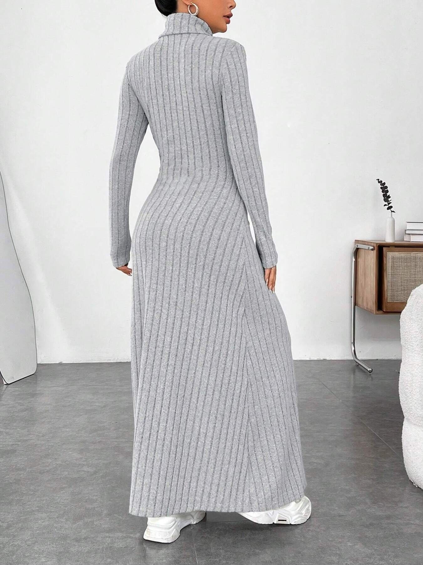 Ribbed Turtleneck Long Sleeve Maxi Knit Dress