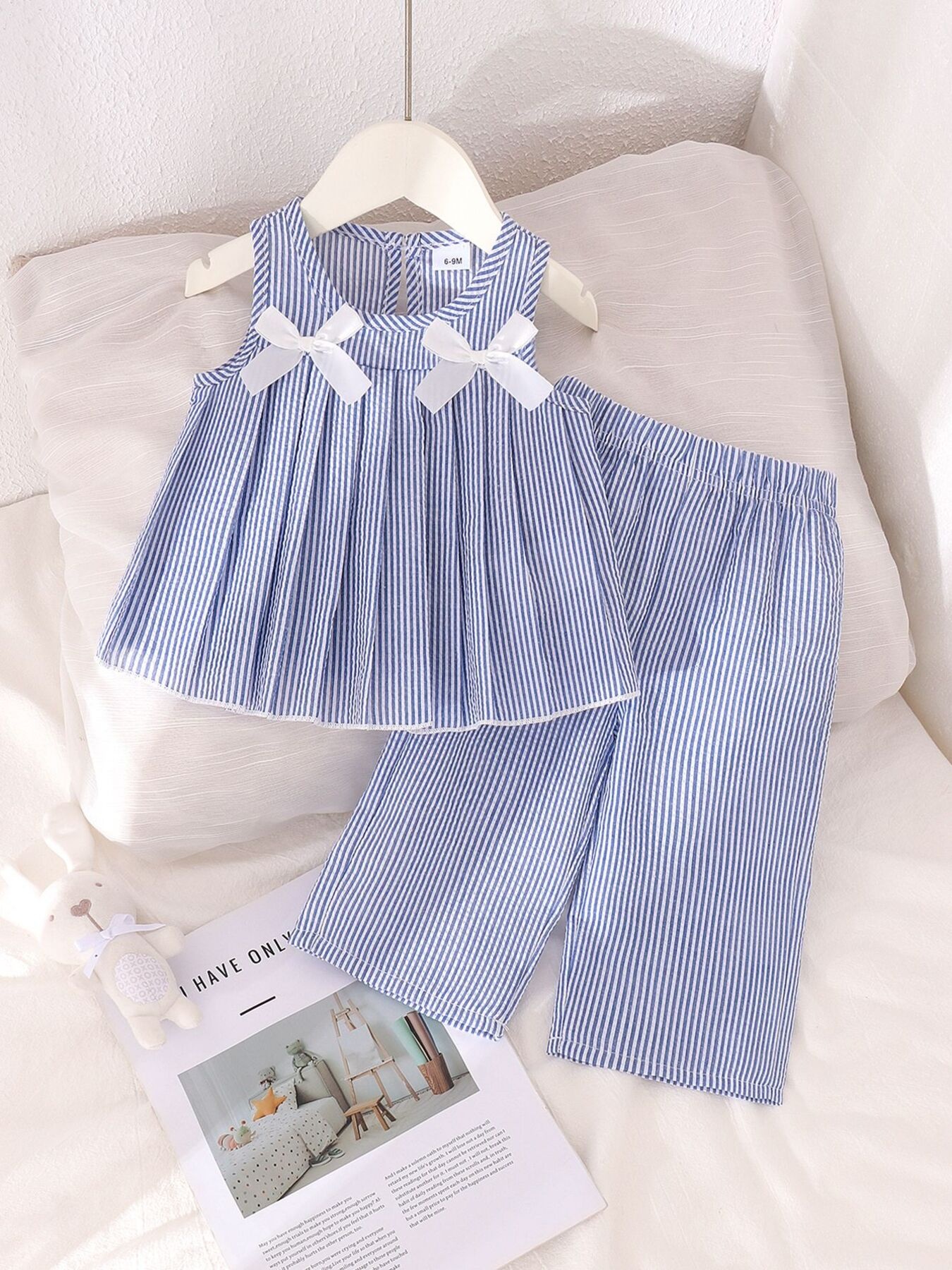 Children's Striped Sleeveless Top and Pants Set with Bows