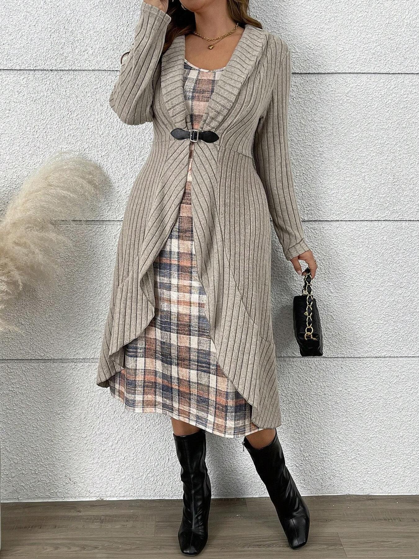 Plaid Dress & Ribbed Knit Cardigan Set
