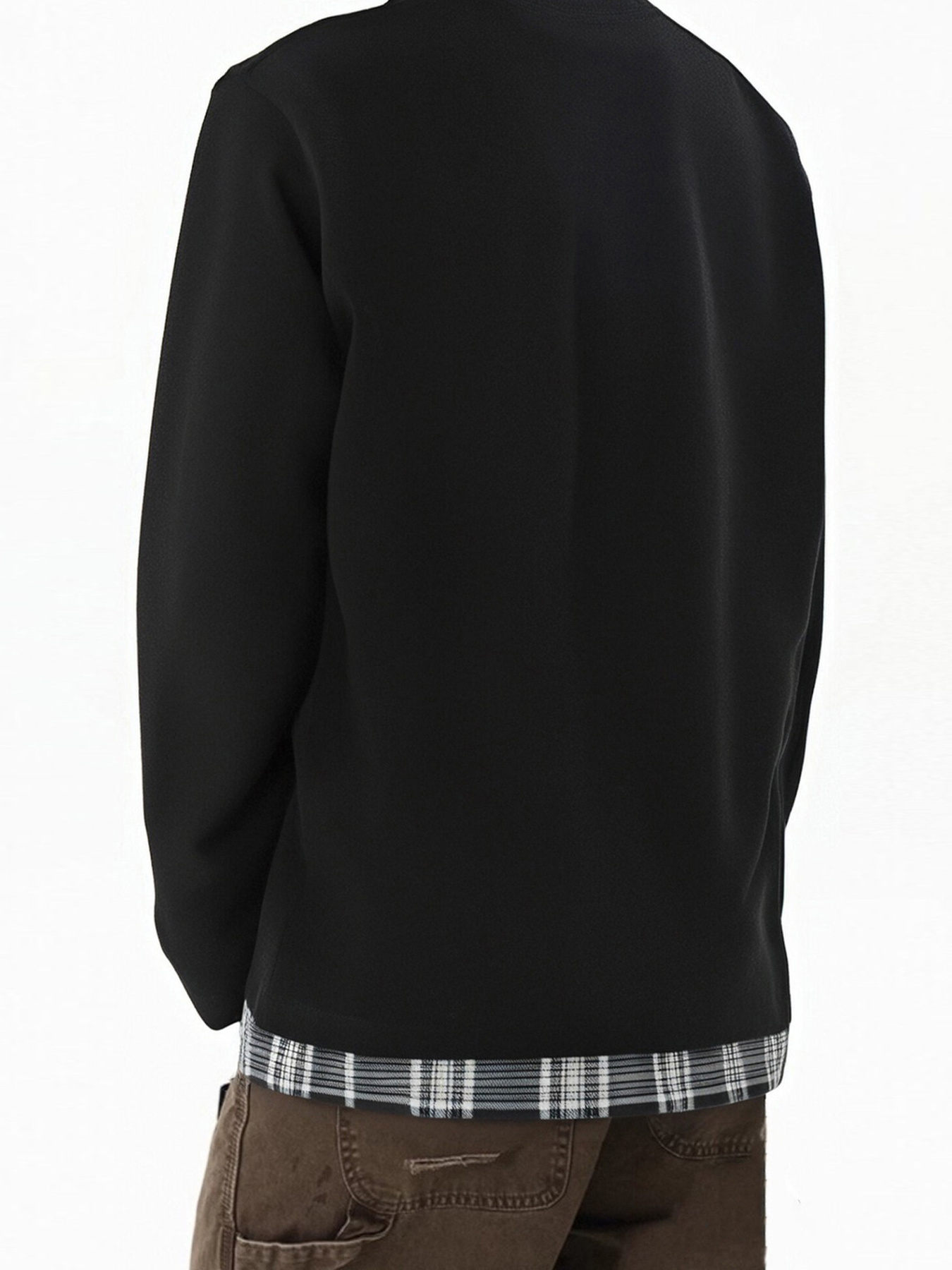 Men's Crewneck Sweatshirt with Plaid Hem Detail