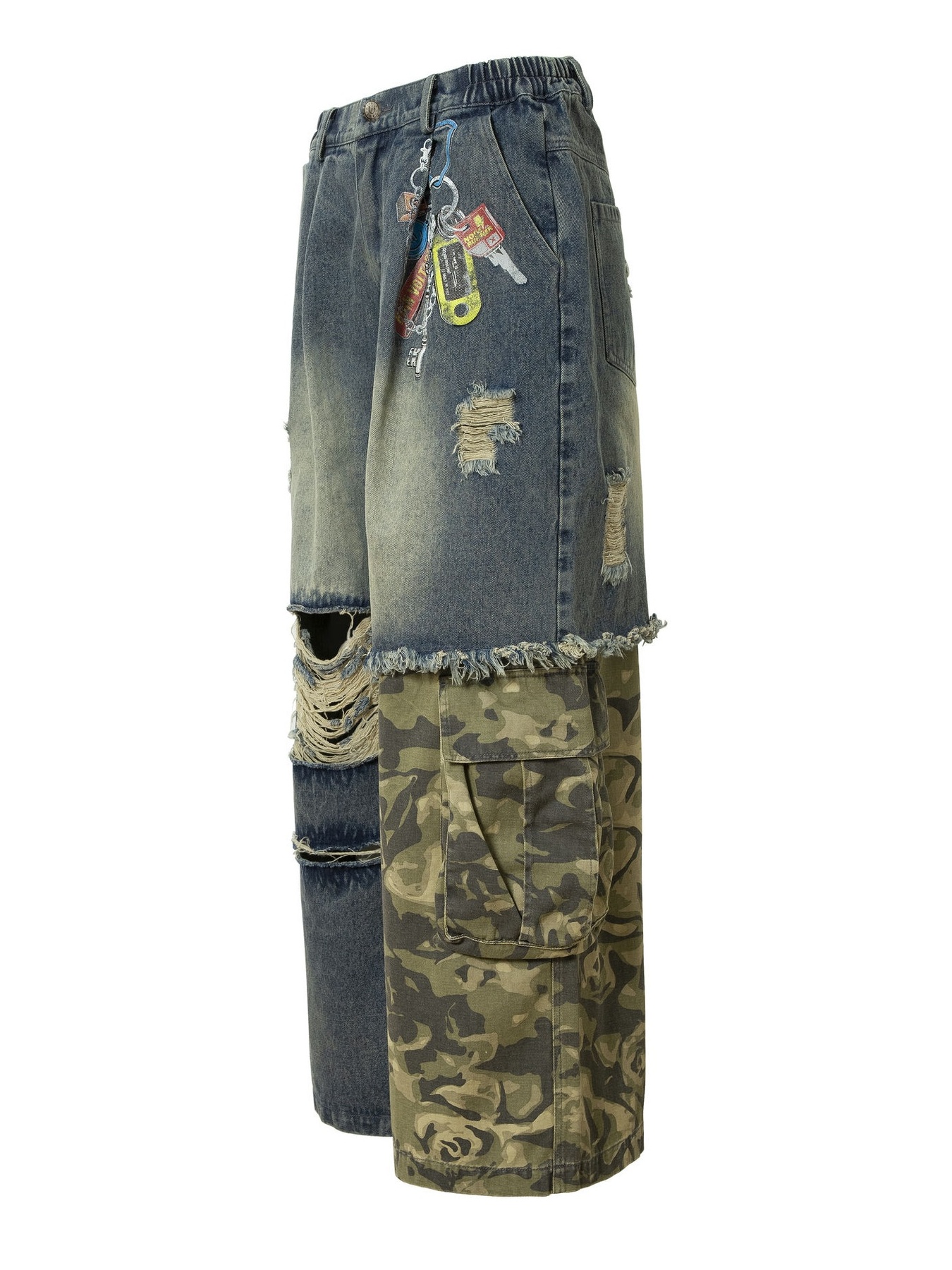 Men's Distressed Camouflage Patchwork Wide Leg Jeans