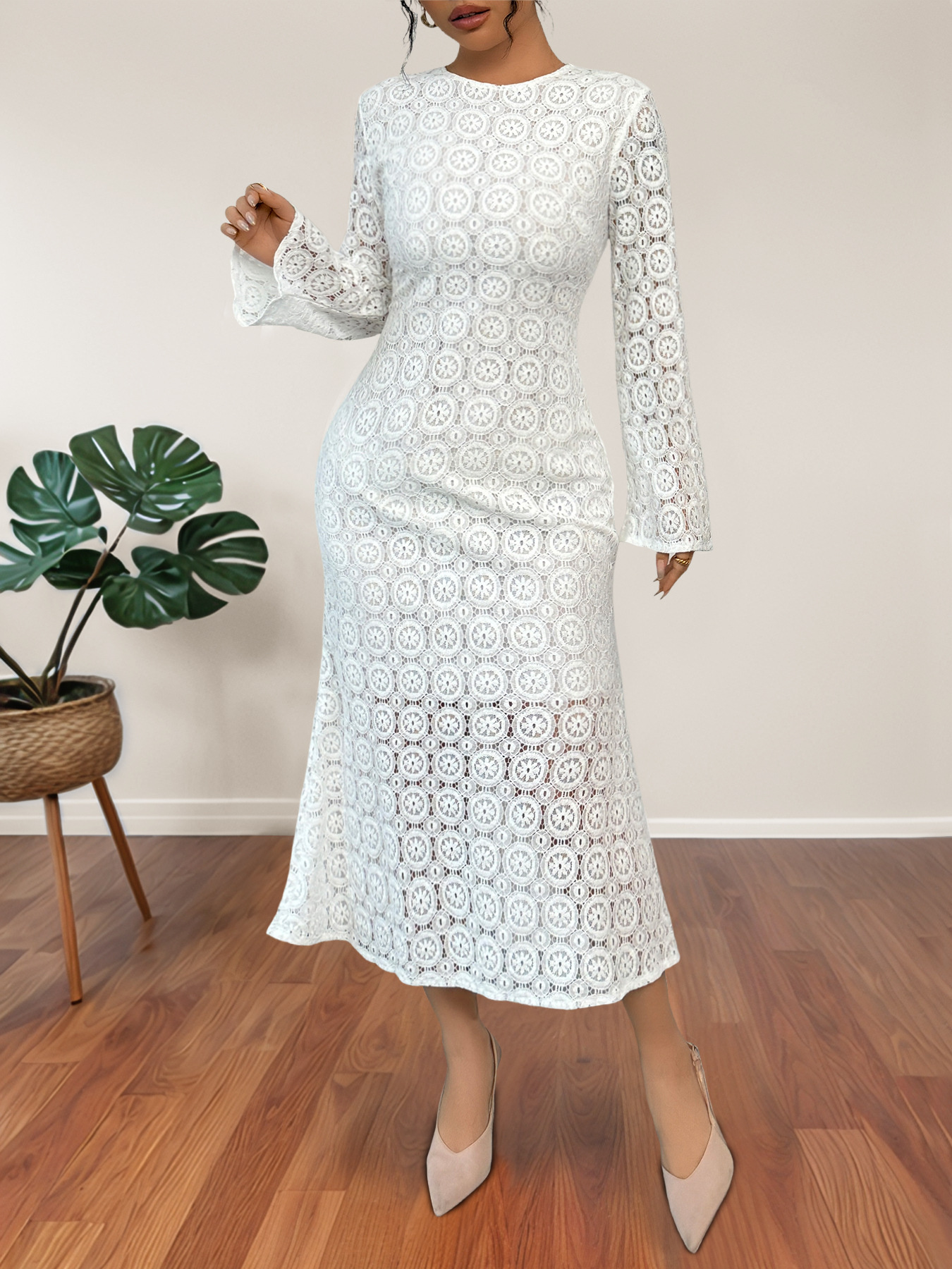 Lace Long Sleeve Midi Dress