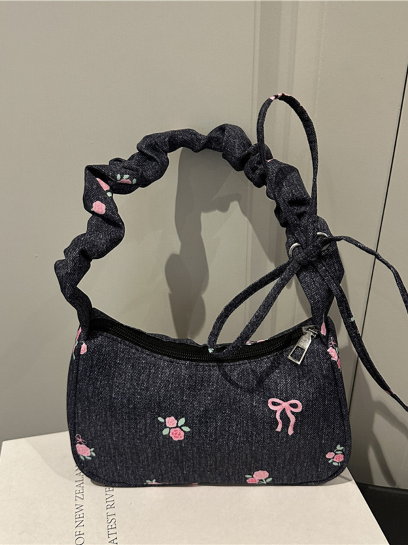 Embroidered Ruched Strap Shoulder Bag