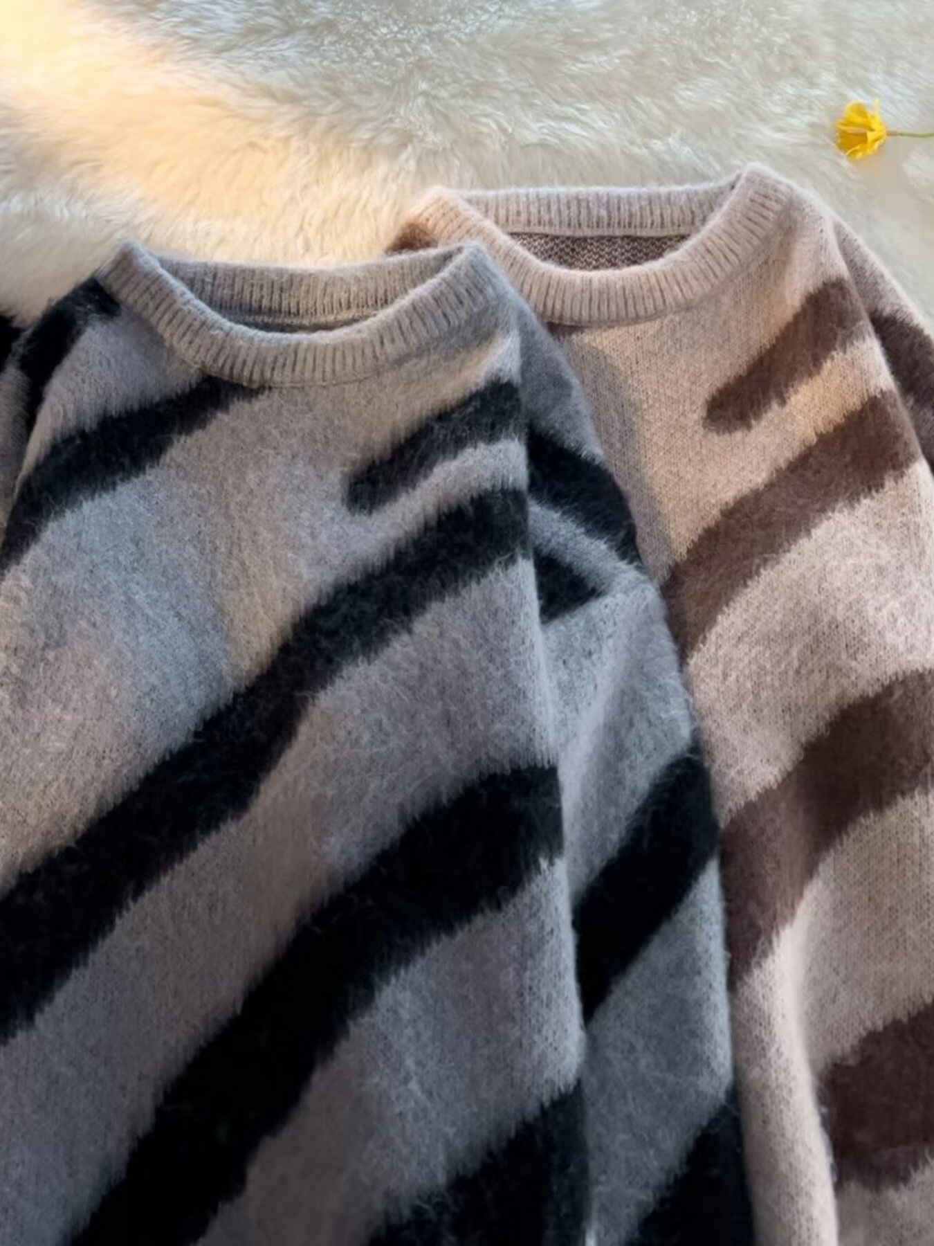 Men's Striped Fuzzy Knit Pullover Sweater