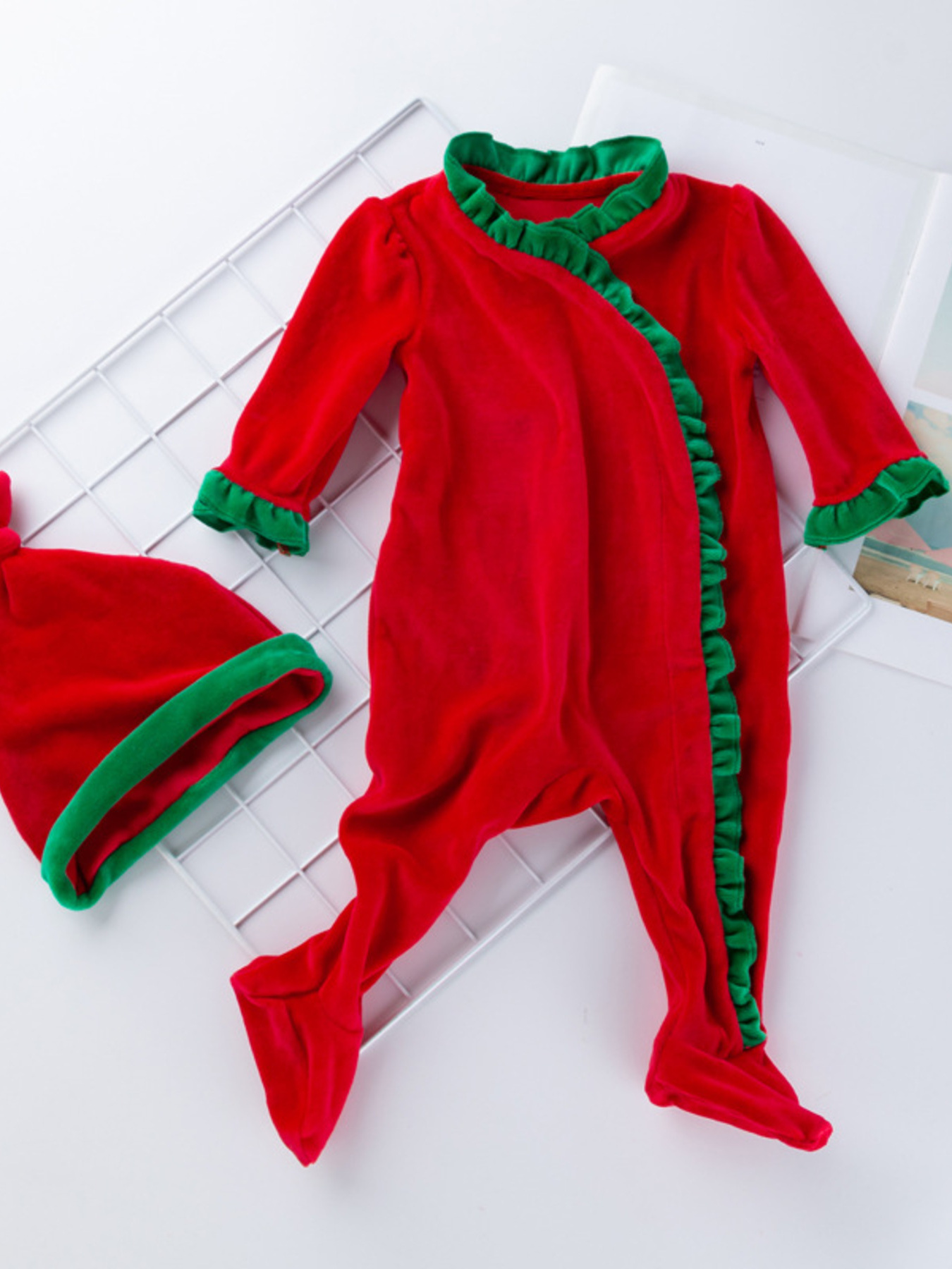 Children's Christmas Velvet One-Piece with Hat