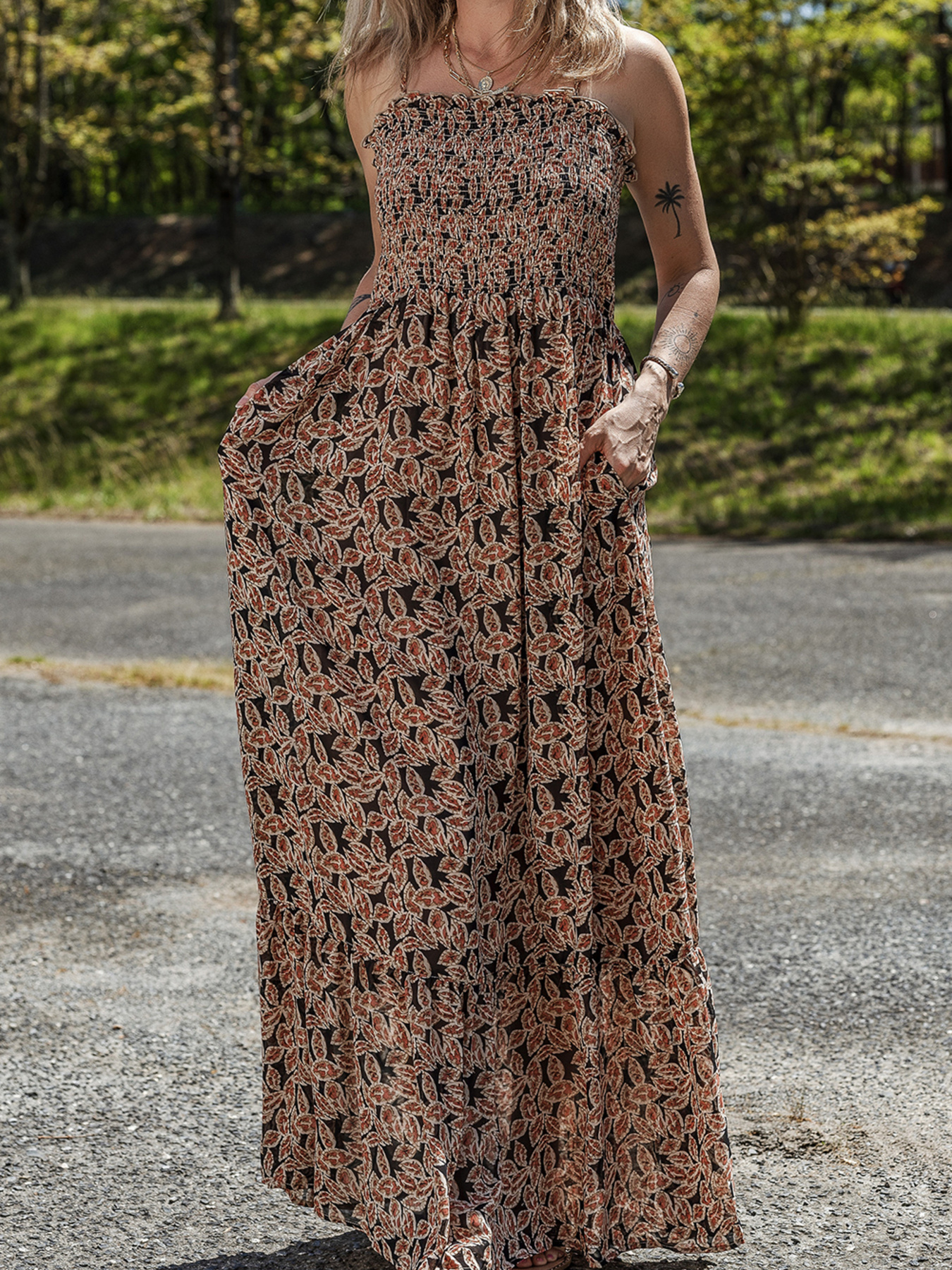 Printed Smocked Bodice Maxi Dress