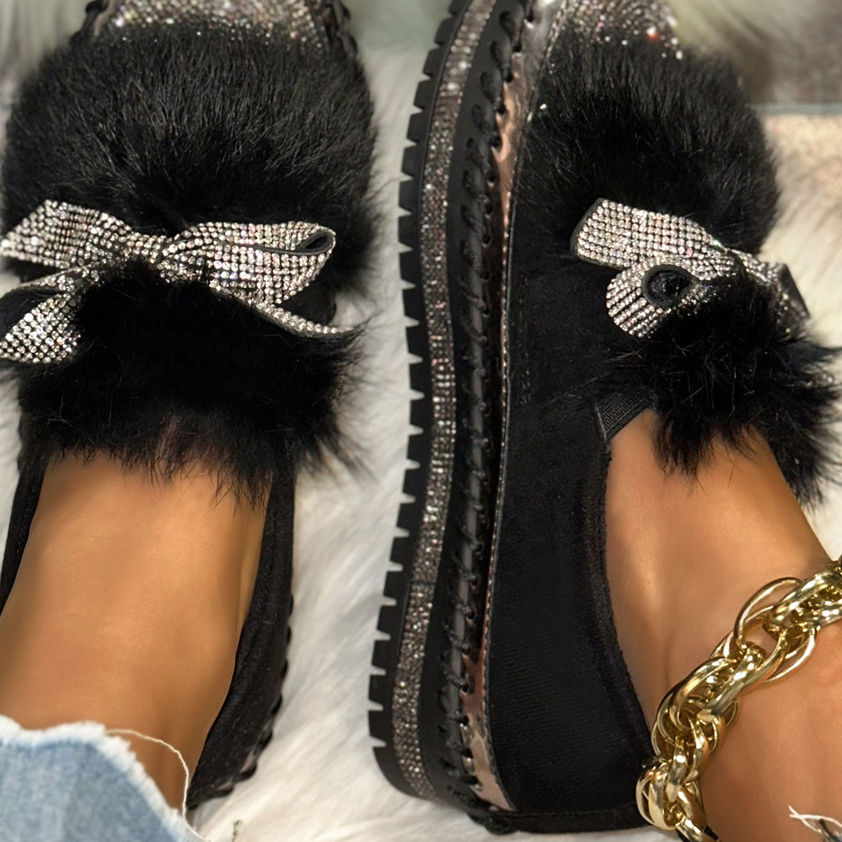 Fuzzy Bowknot Rhinestone Platform Loafers