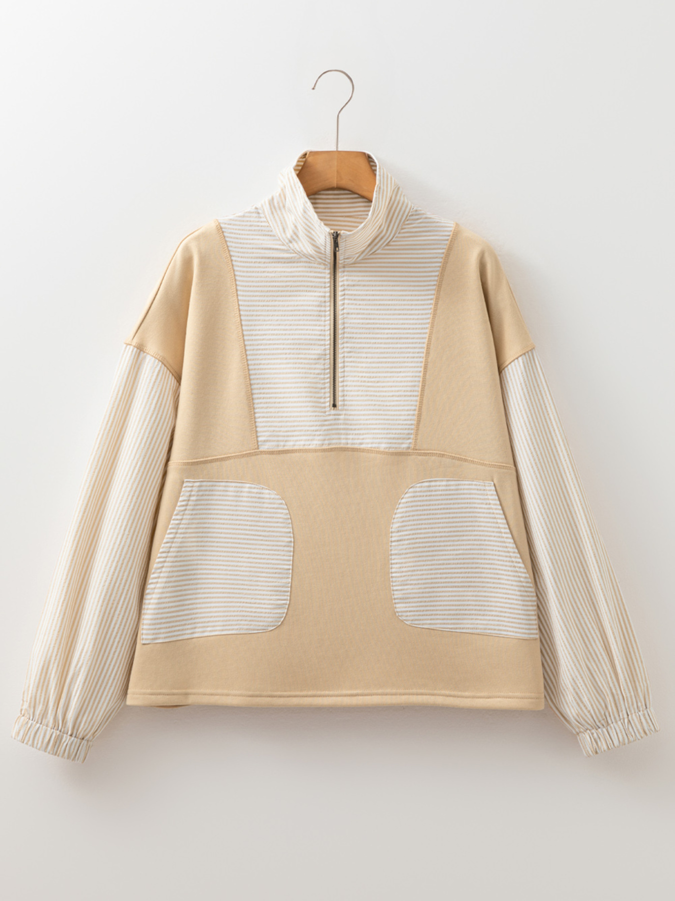 Quarter Zip Striped Patchwork Drop Shoulder Loose Long Sleeve Top