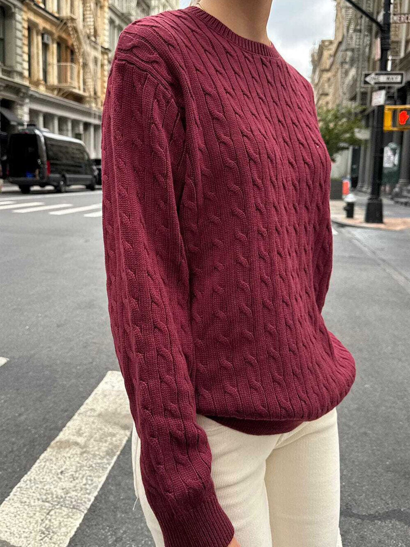 Cable-Knit Round Neck Pullover Sweater