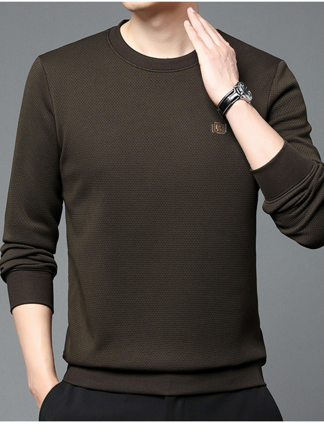 Men's Plus Size Long Sleeve Textured Casual T-Shirt