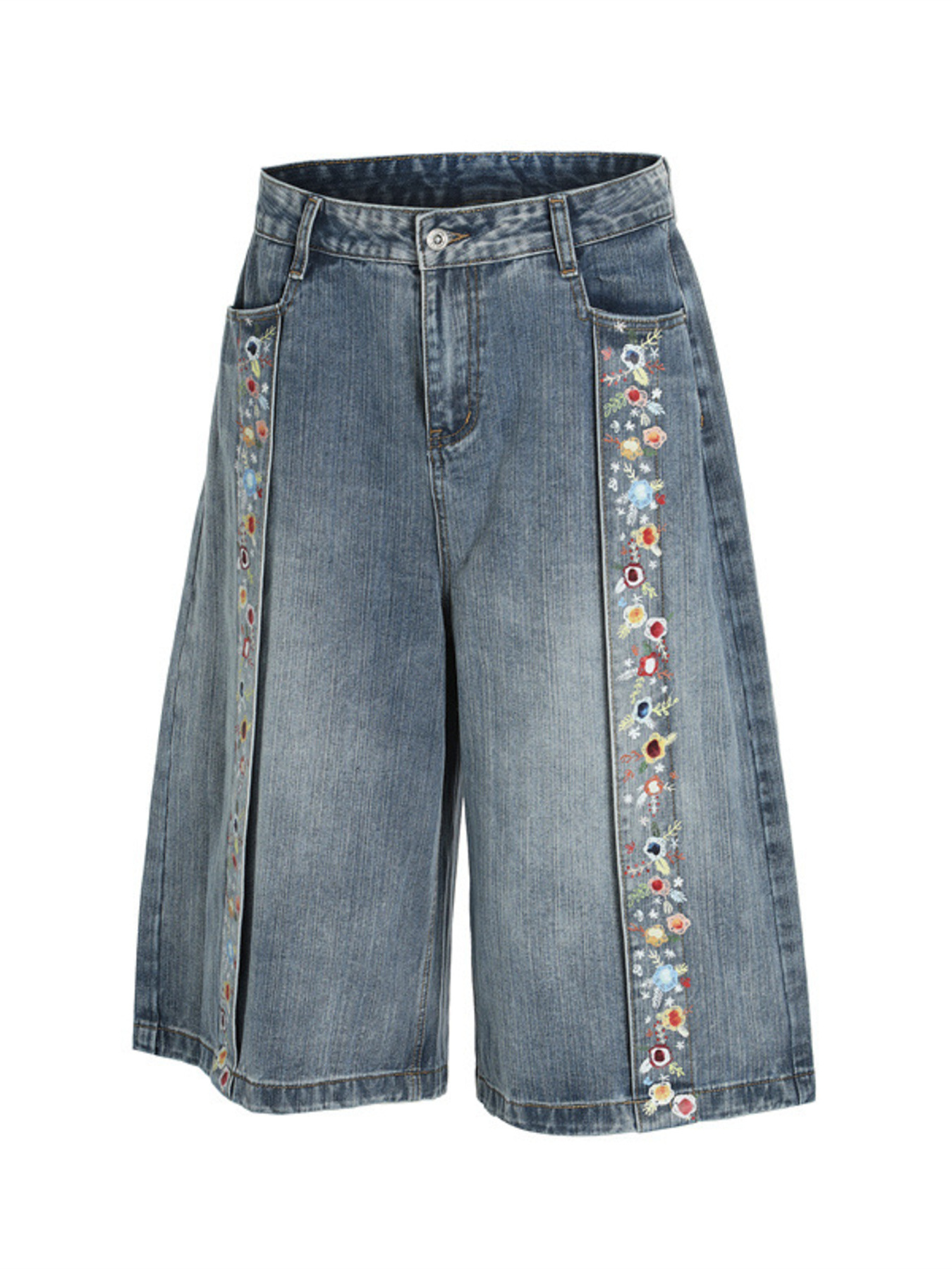 Men's Embroidered Wide Leg Denim Shorts