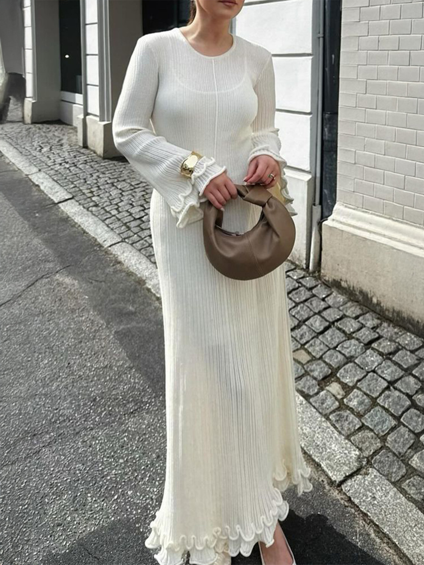 Ribbed Long Sleeve Dress with Ruffle Hem