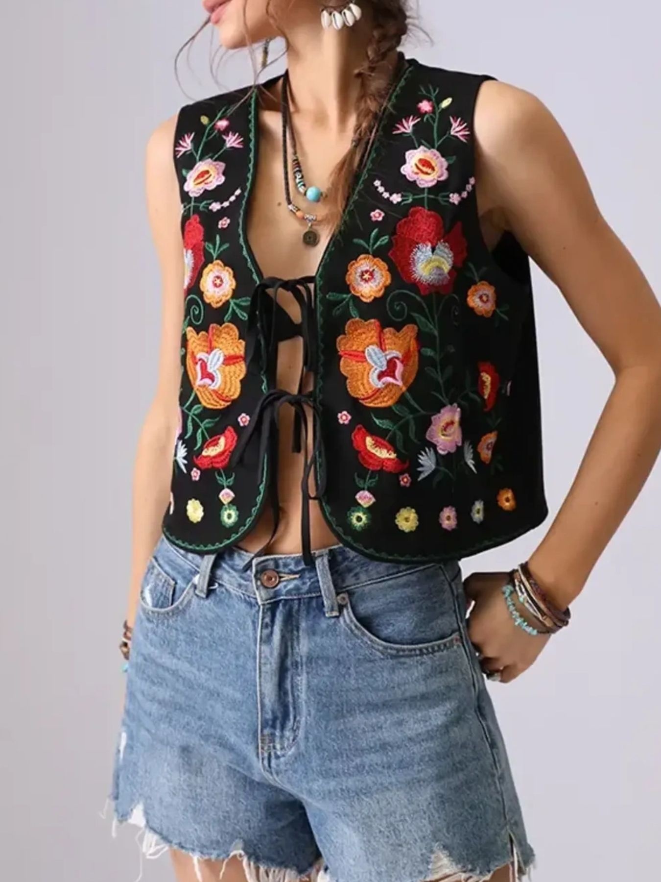 Floral Embroidered Lace-Up Vest