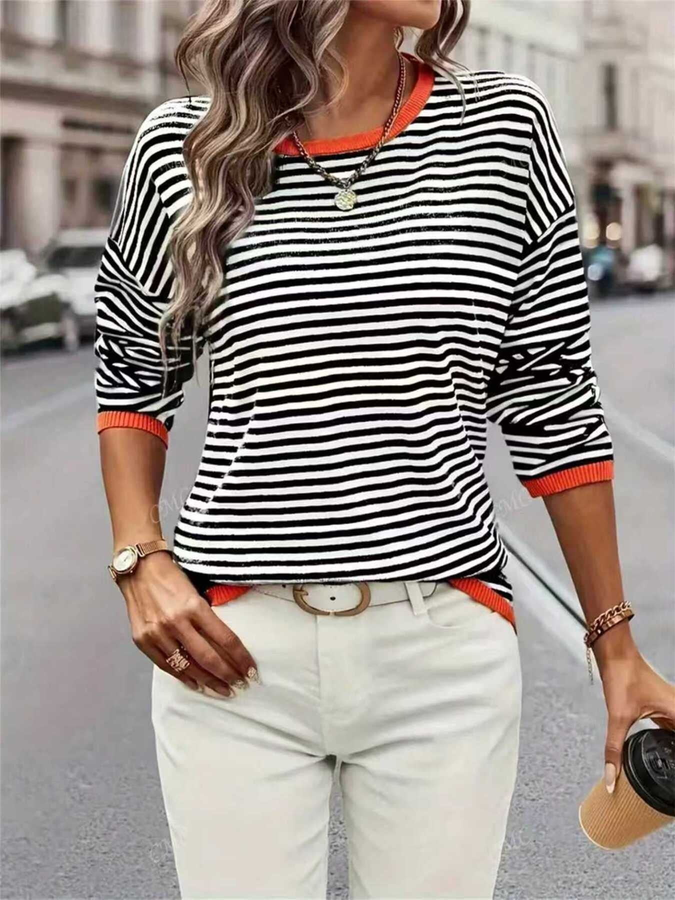Plus Size Contrast Striped Long Sleeve Sweater