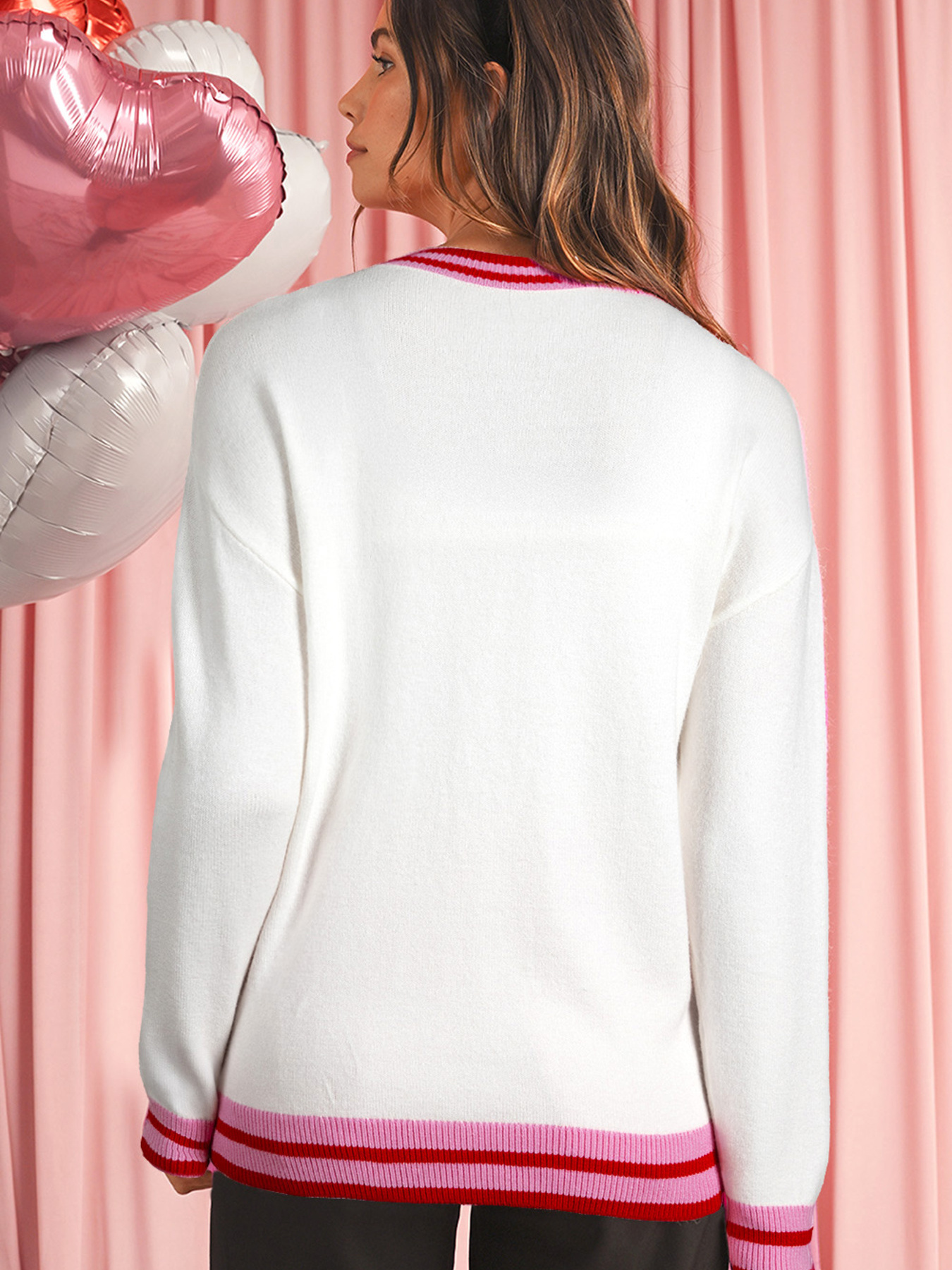 Striped Trim Bow Graphic Round Neck Drop Shoulder Sweater