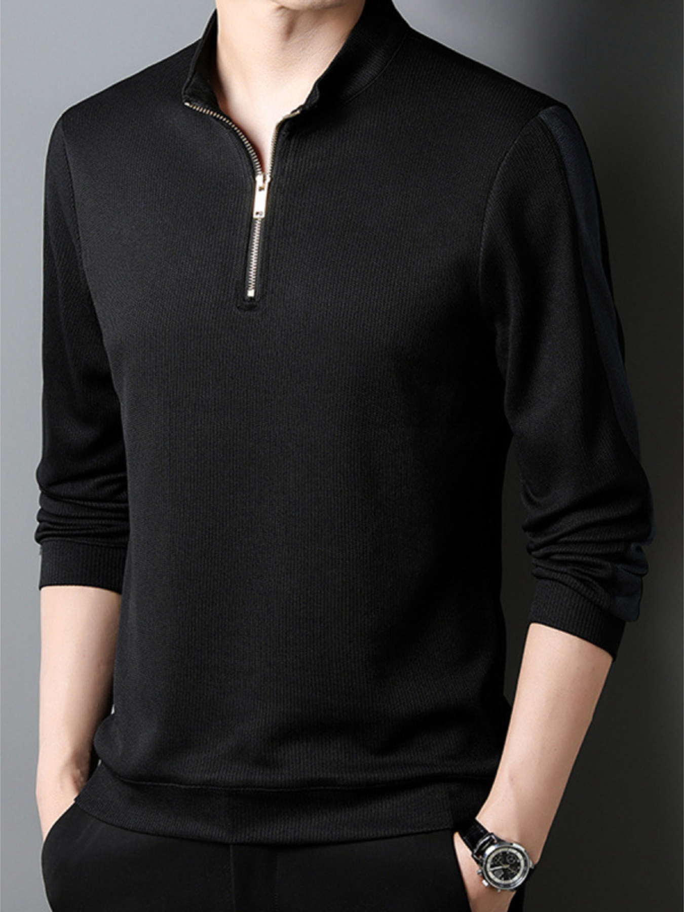 Men's Plus Size Quarter Zip Long Sleeve Polo