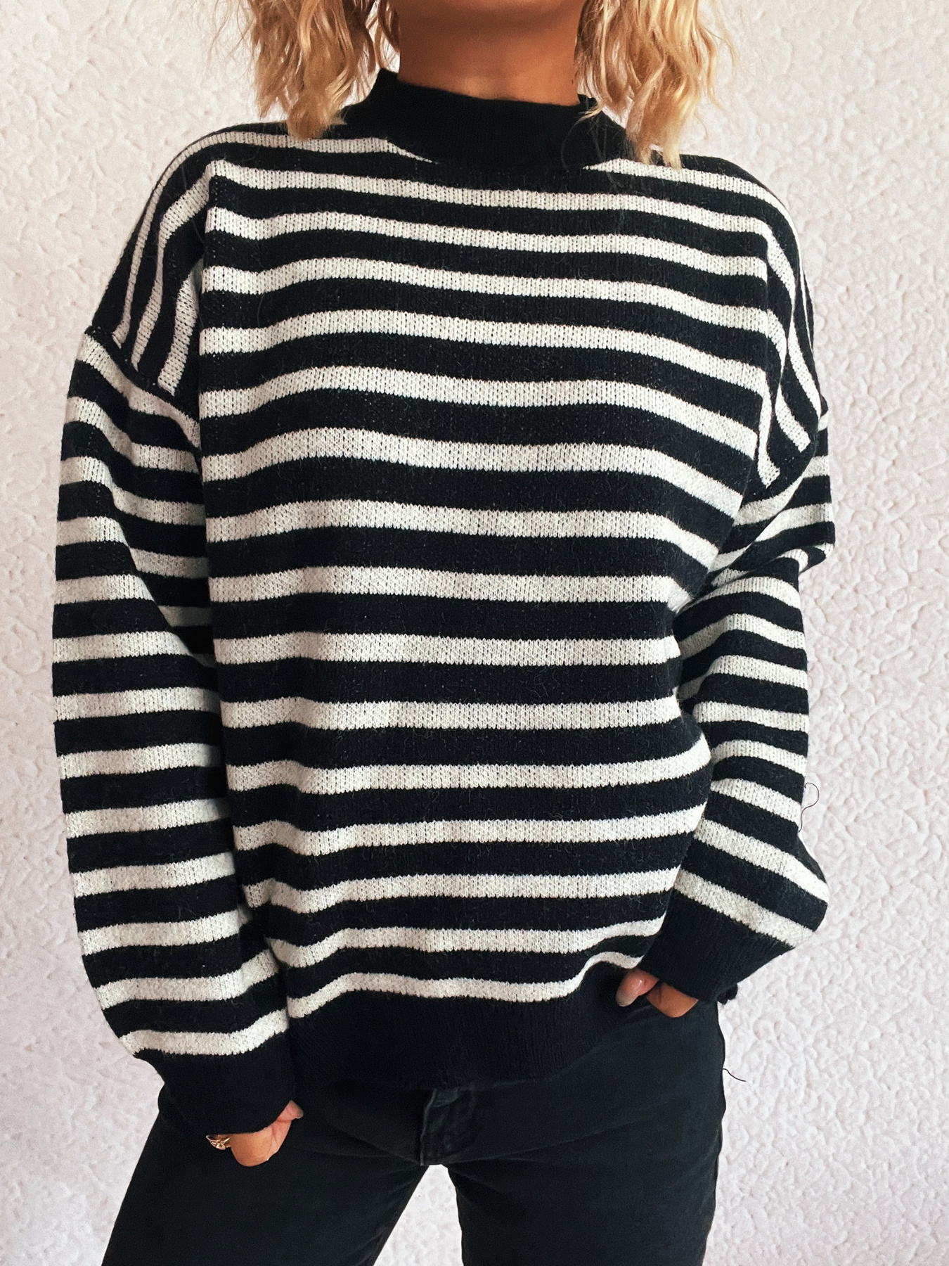Striped Mock Neck Long Sleeve Sweater