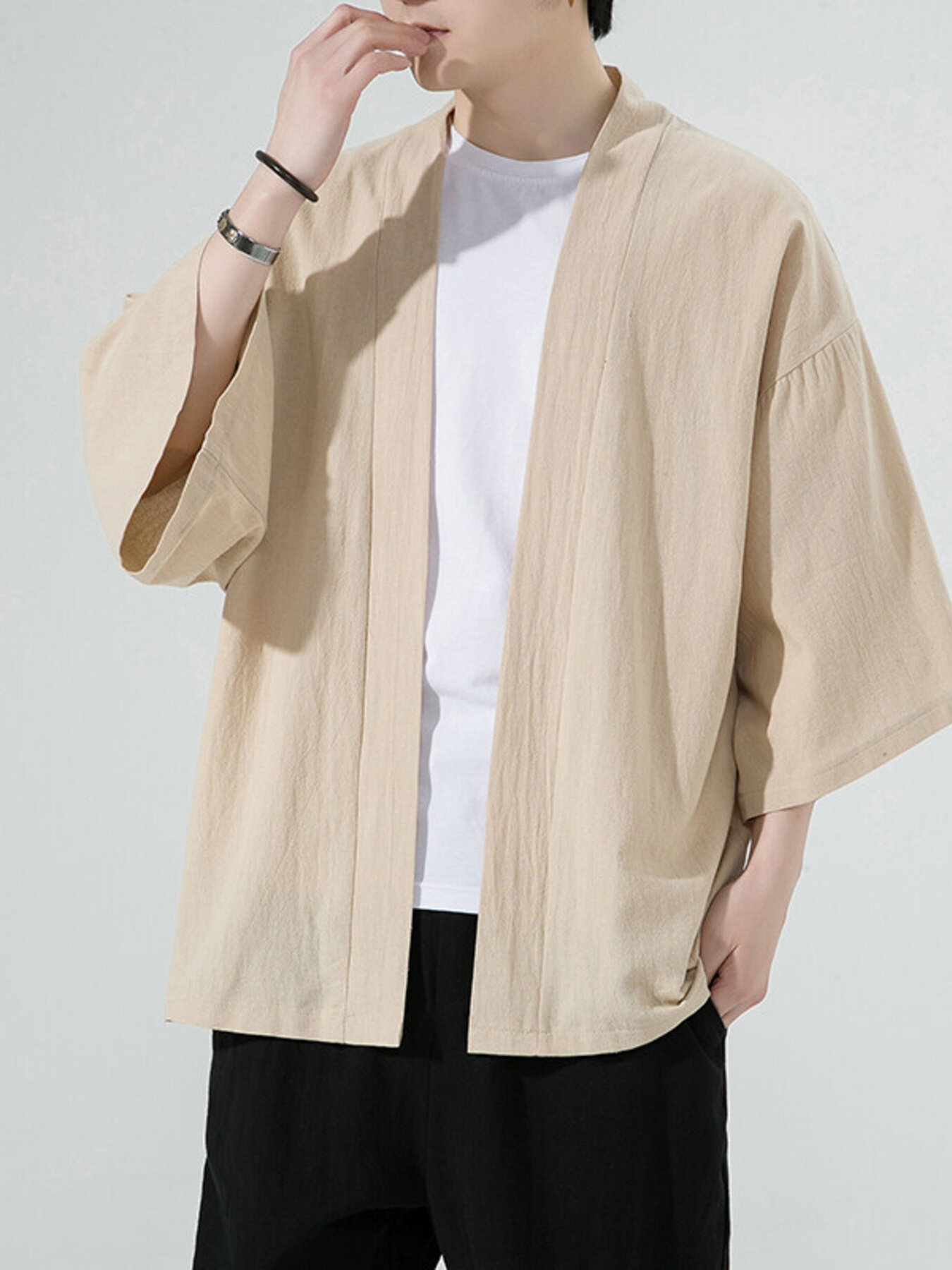 Men's Plus Size Open Front 3/4 Sleeve Cover Up