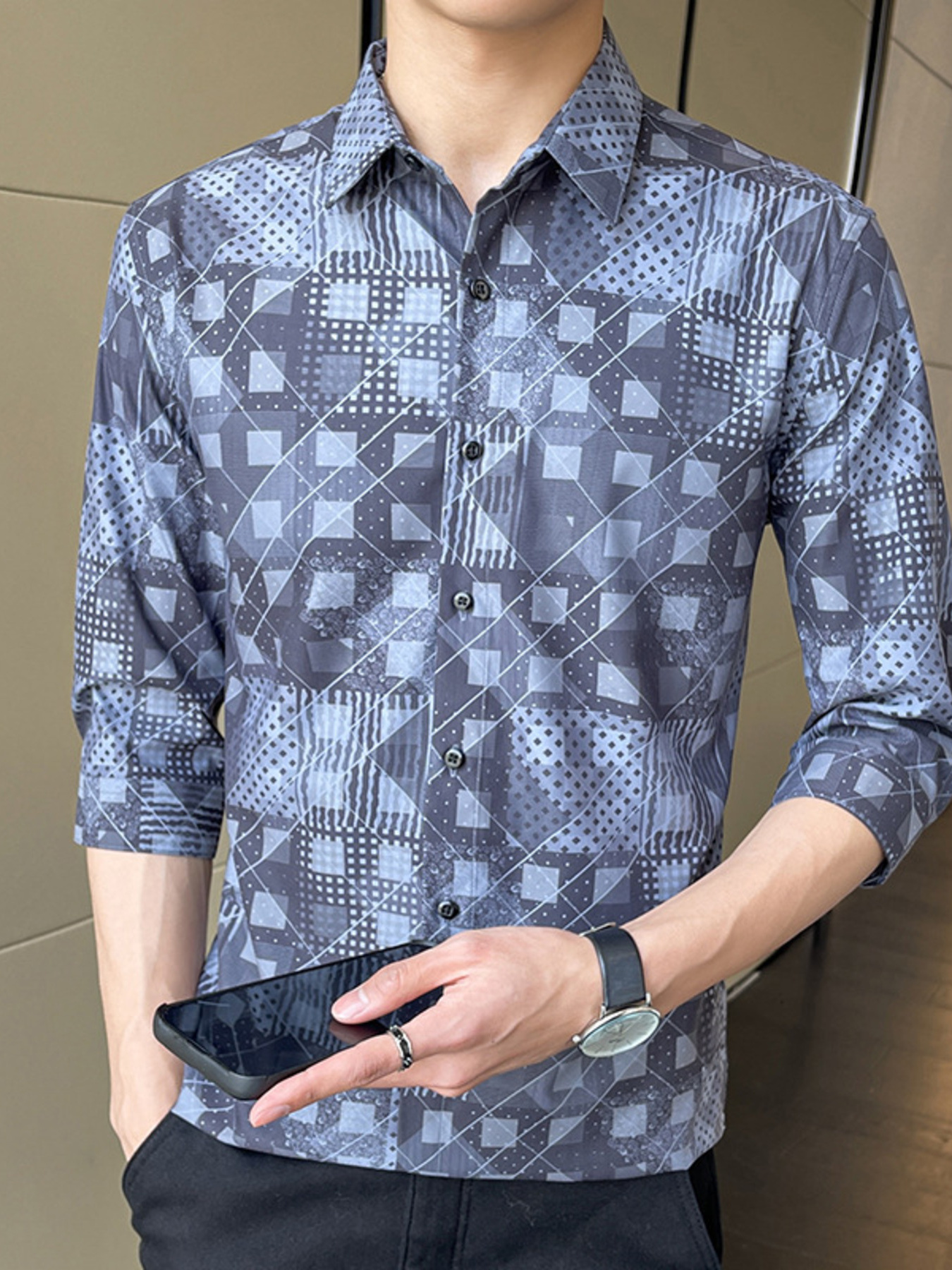 Men's Plus Size Geometric Print Slim Fit Casual Shirt