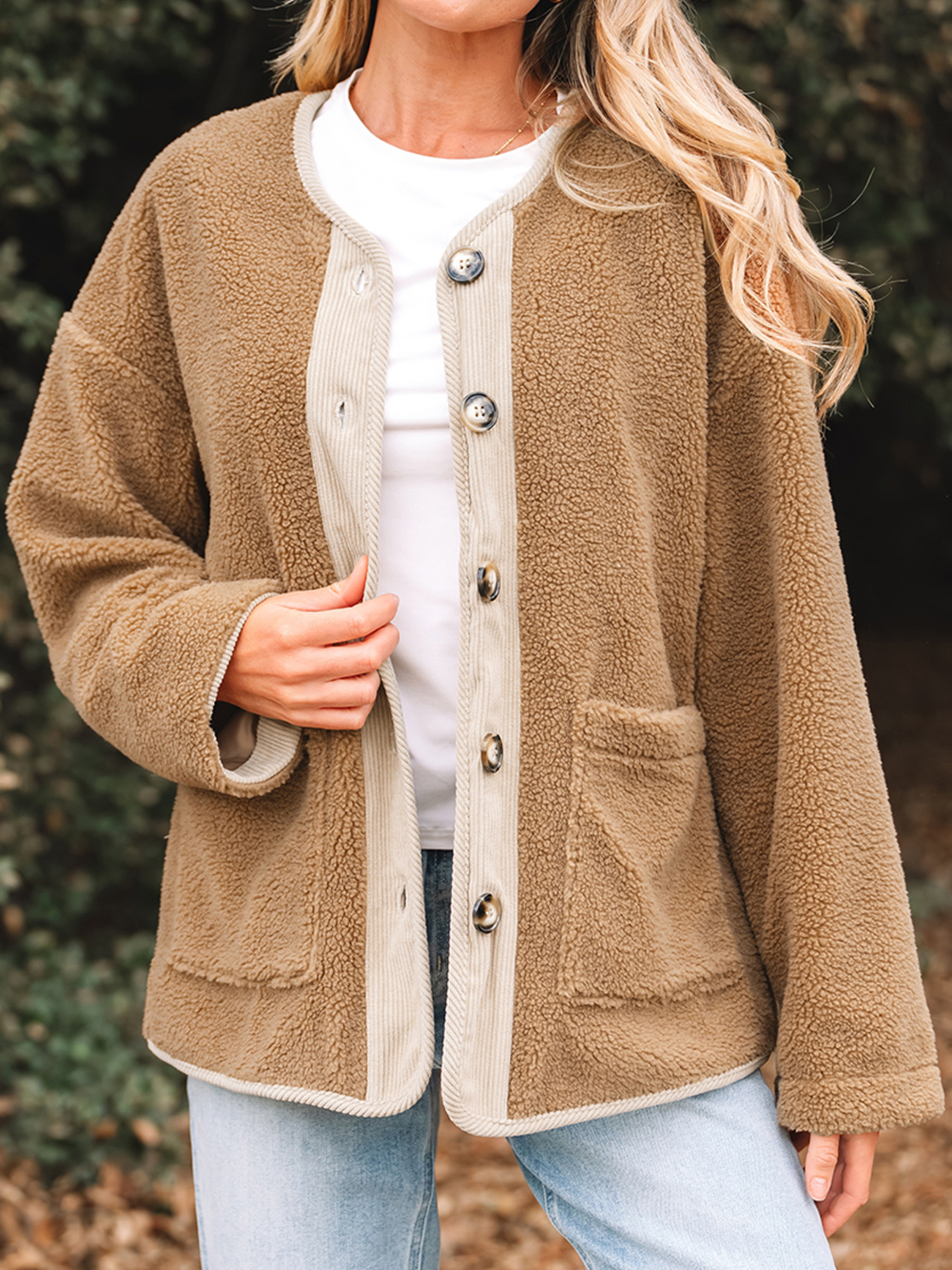 Puffy Plush Corduroy Edge Patchwork Jacket With Pockets