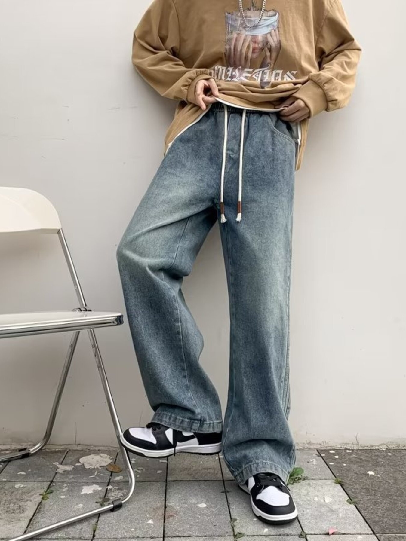 Men's Full Size Vintage Wash Wide Leg Jeans Plus Size