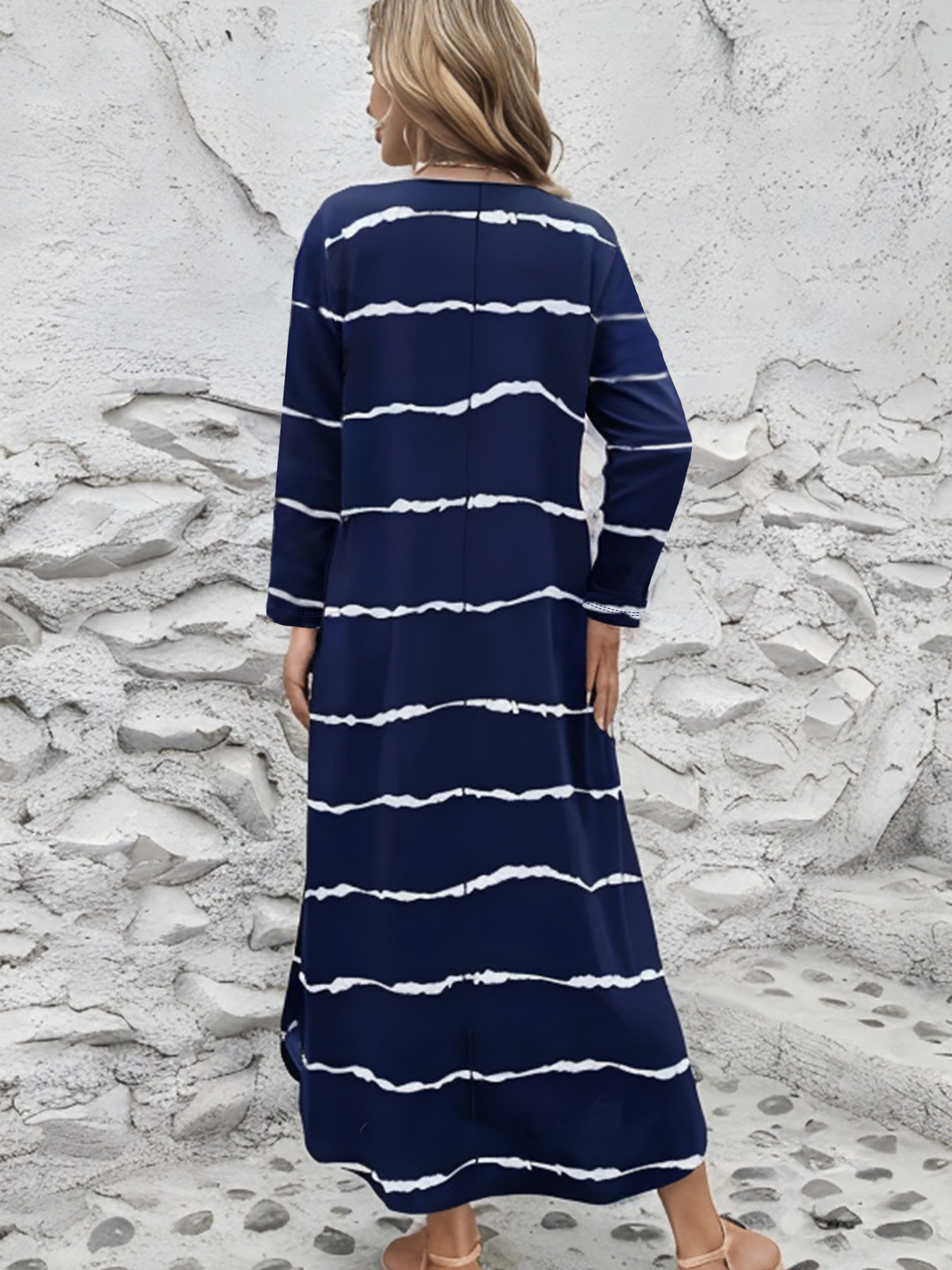 Striped V-Neck Long Sleeve Casual Maxi Dress