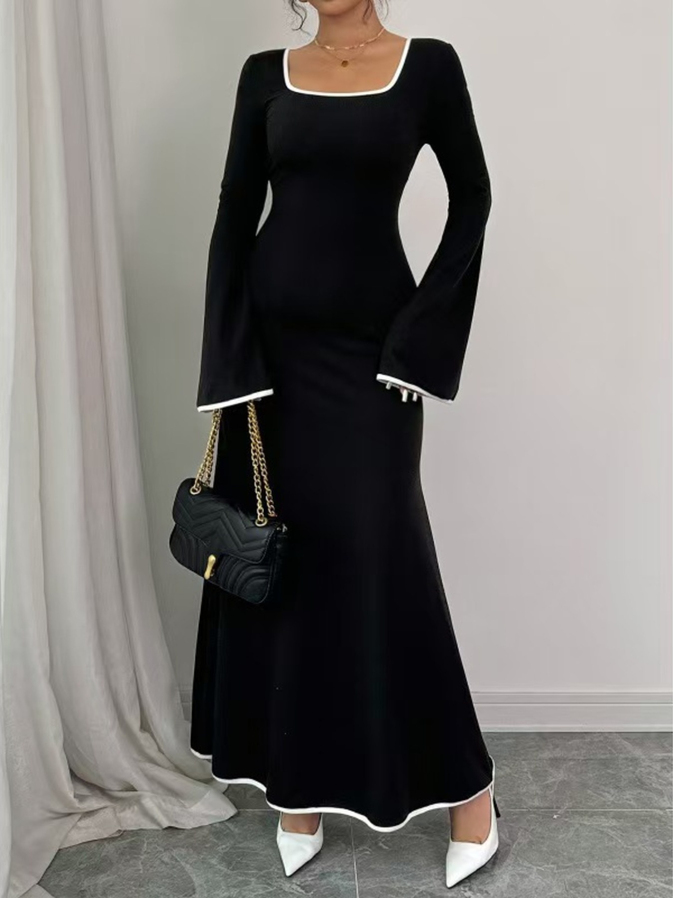 Square Neck Flare Sleeve Maxi Dress