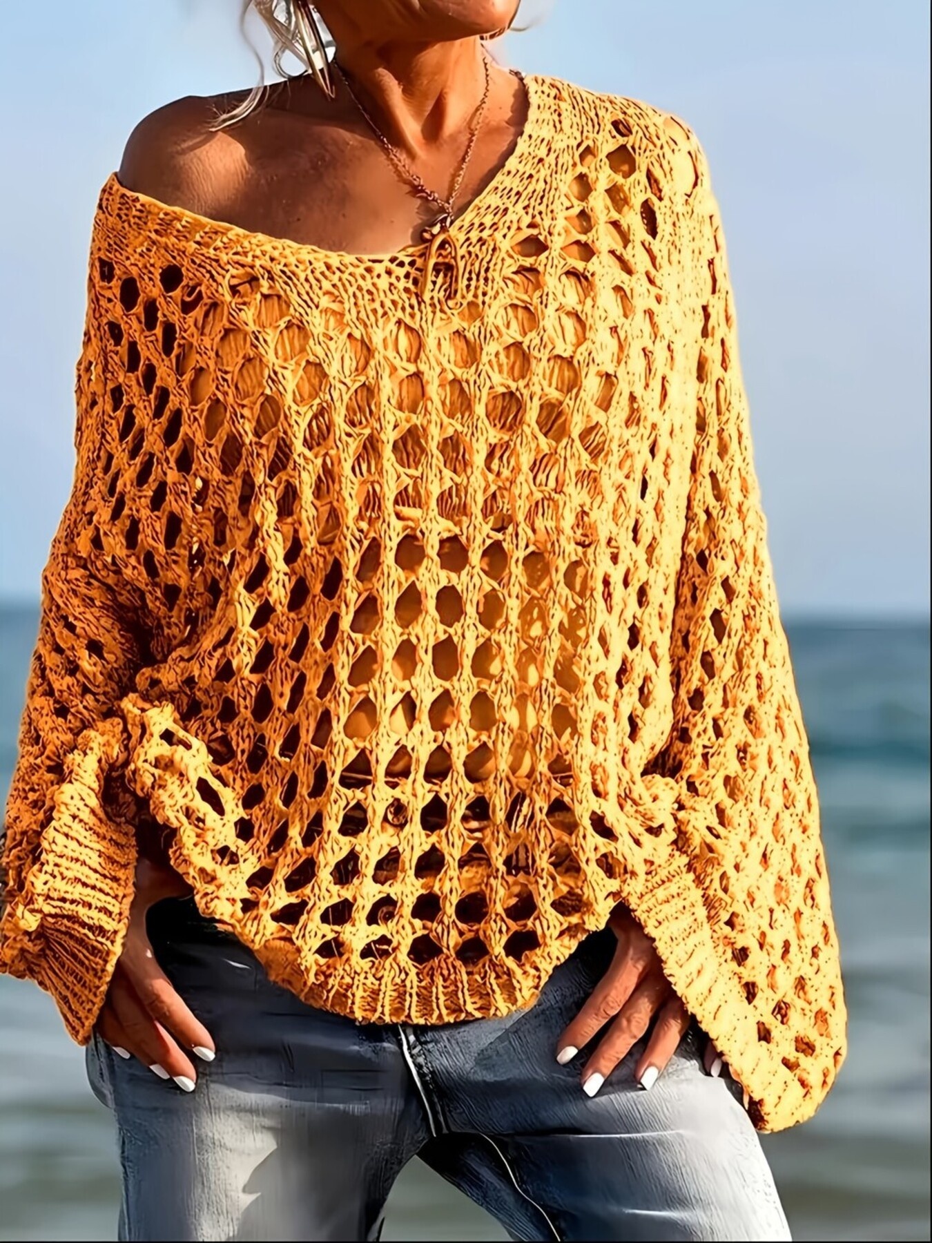 Crochet Long Sleeve Knit Cover Up view 4