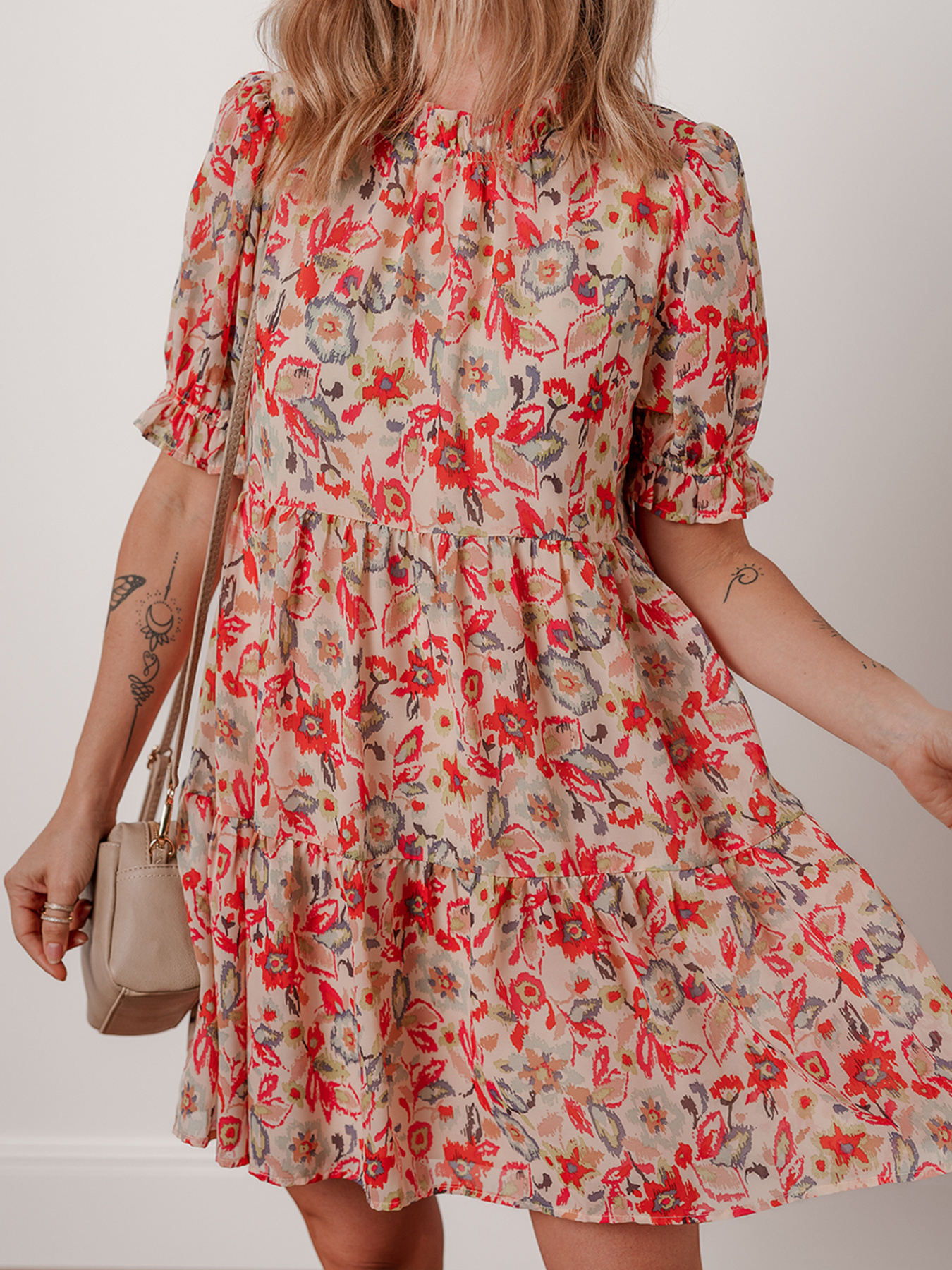 Floral Print Frilled Neck Puff Sleeve High Waist Dress