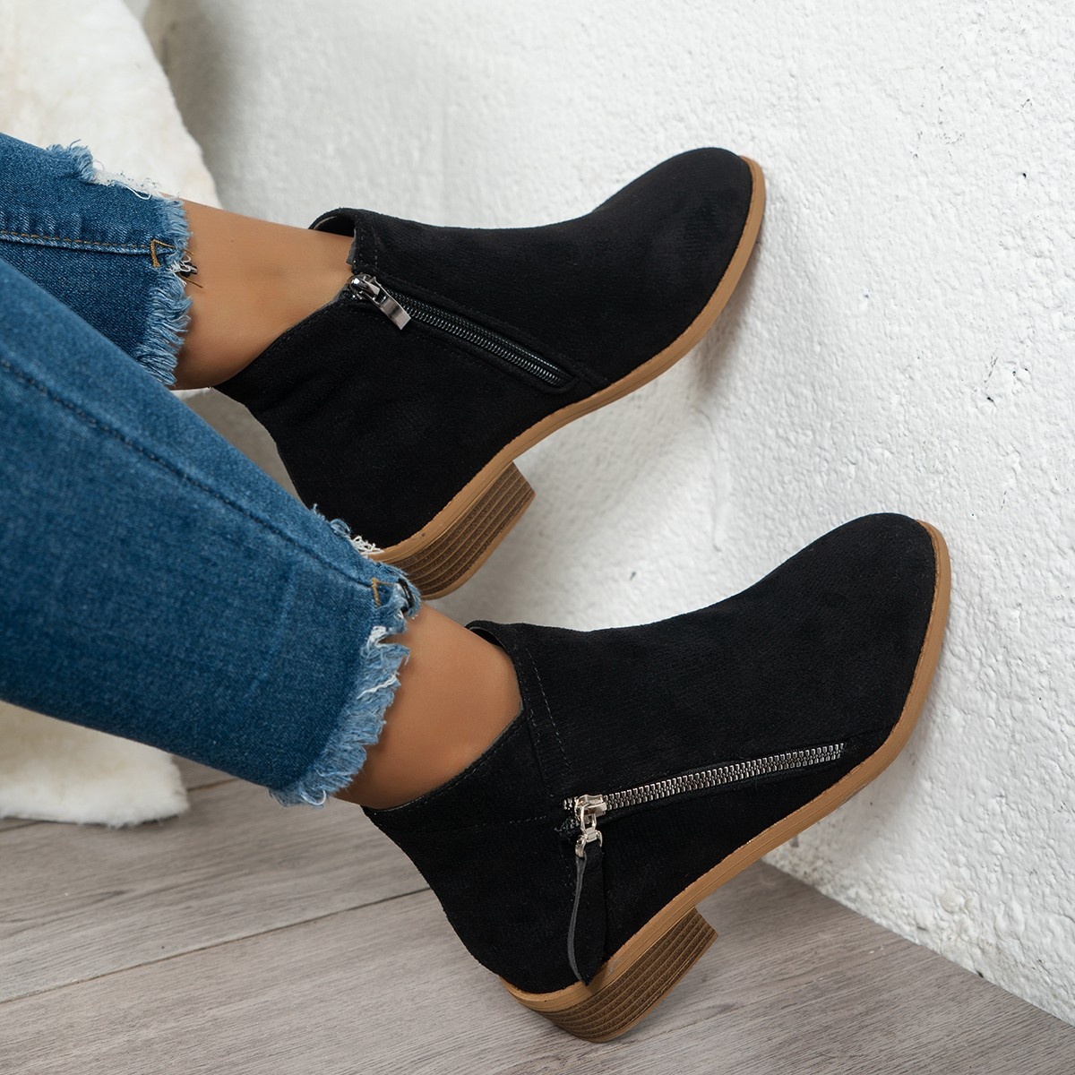 Side Zip Ankle Boots with Block Heel