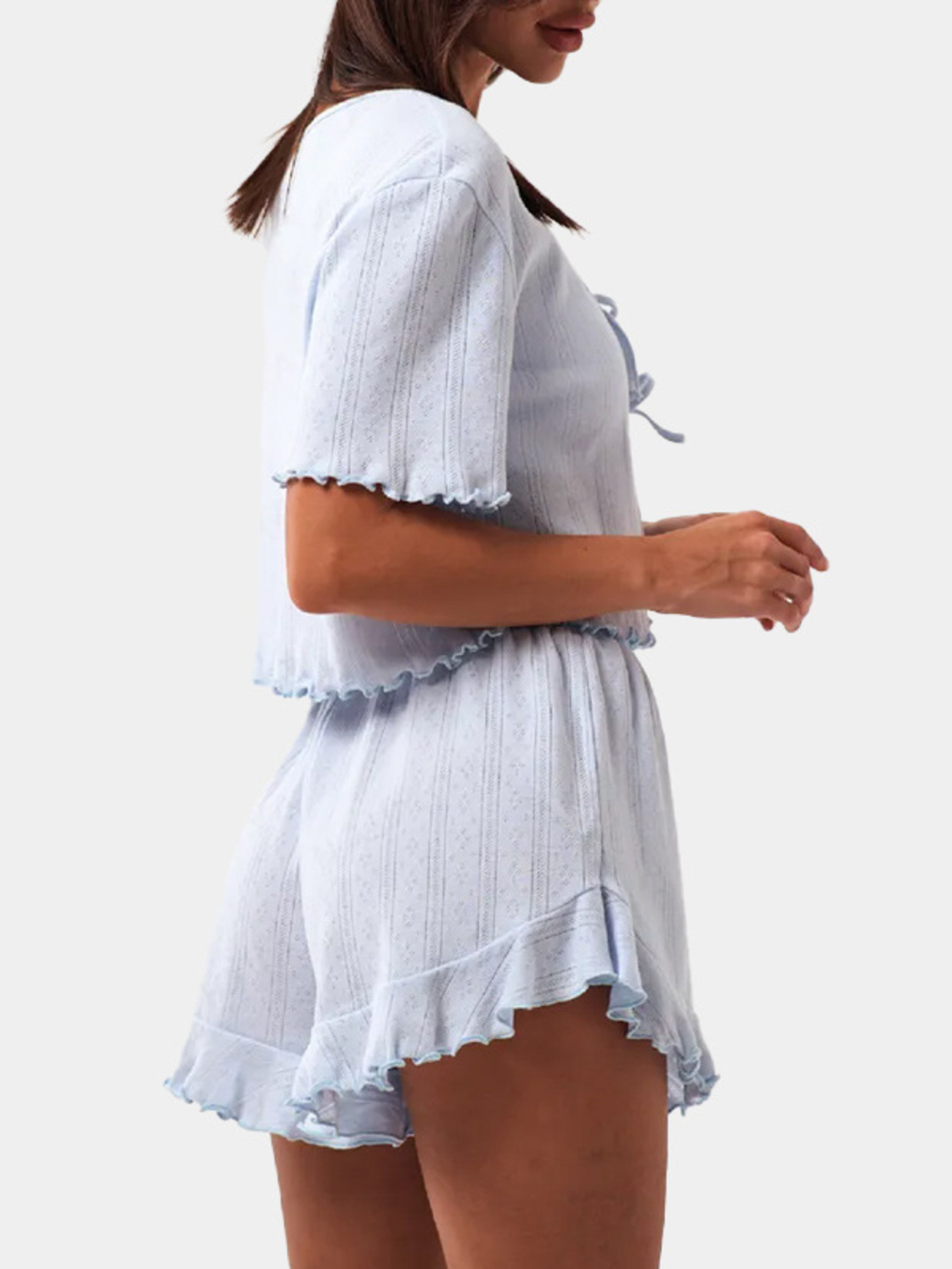 Tie Front Top and Ruffled Hem Shorts Set