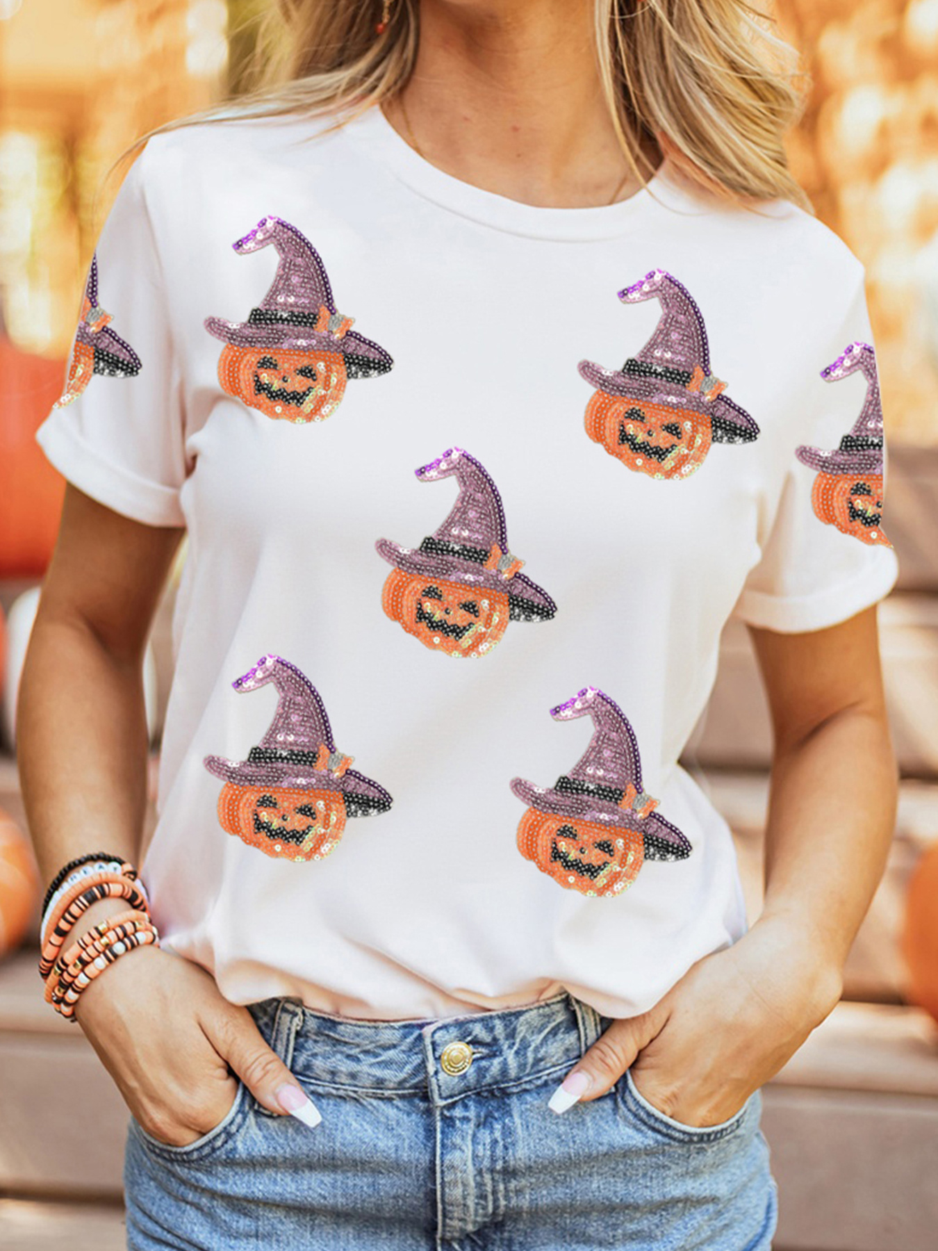Sequin Pumpkin Witch Halloween Tee