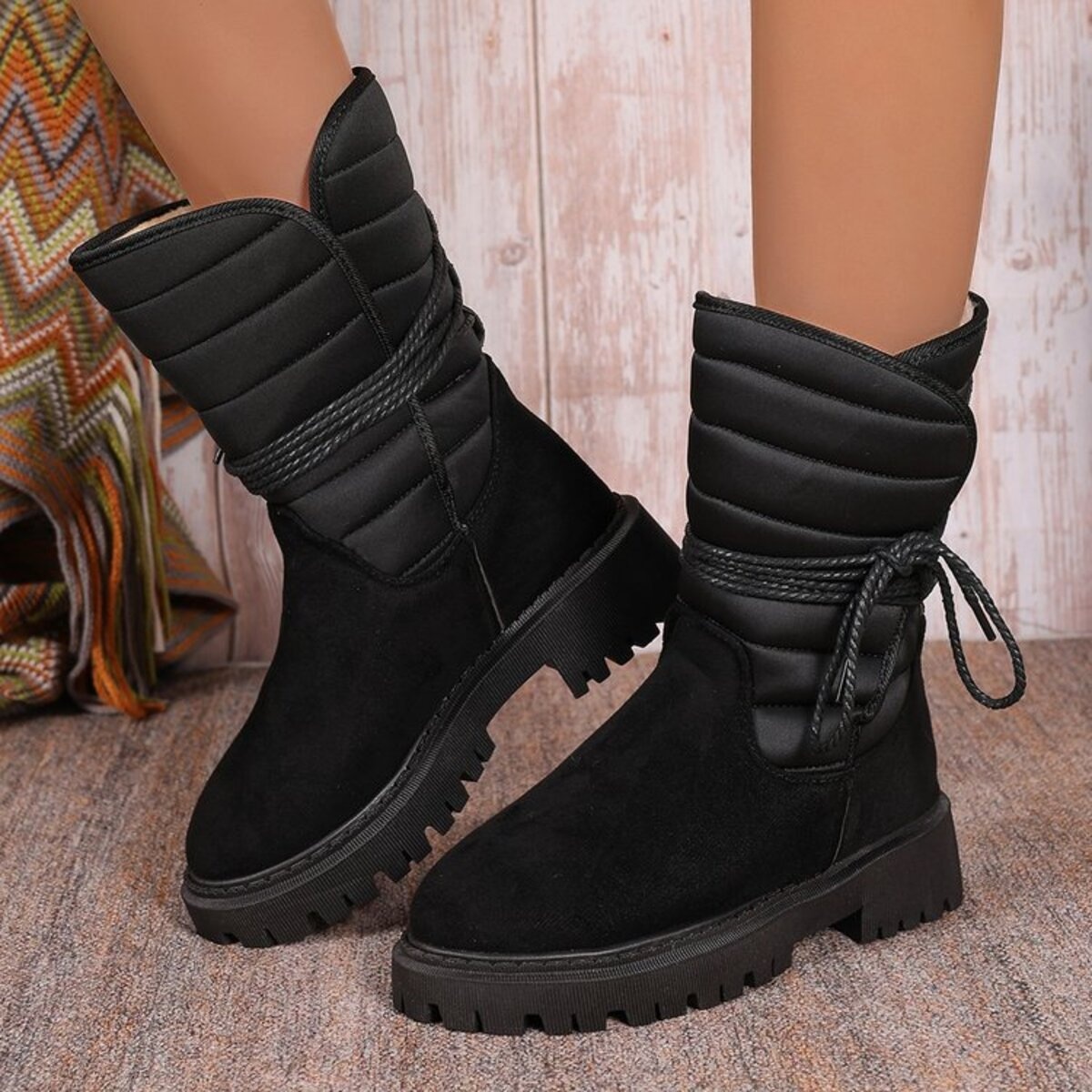 Quilted Lace-Up Mid-Calf Boots