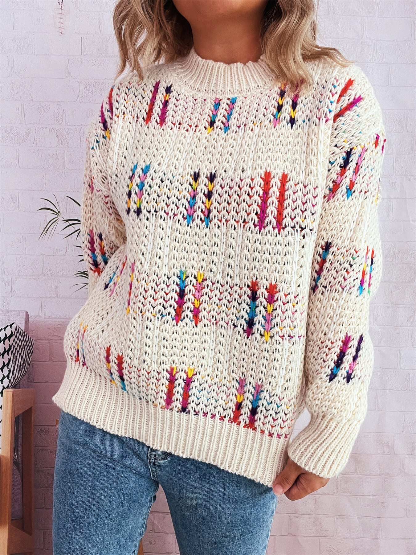 Colorful Round Neck Long Sleeve Sweater