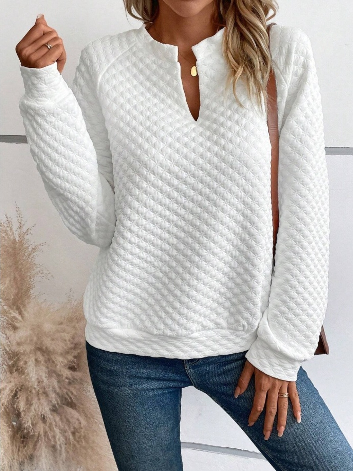 Textured Long Sleeve Notched Sweatshirt