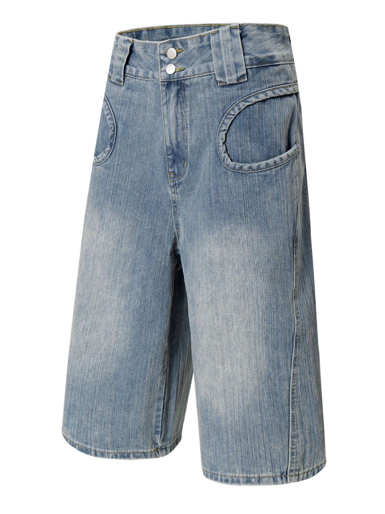 Men's Washed Denim Bermuda Shorts with Curved Pocket Detail