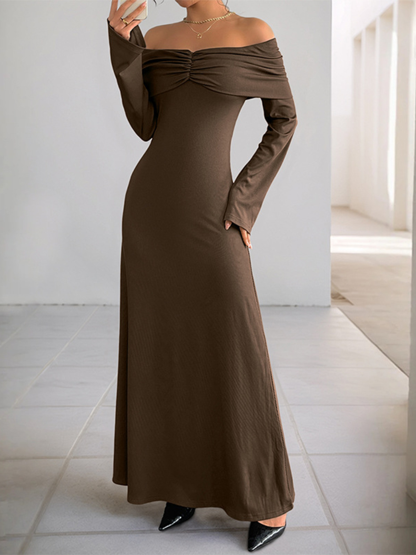 Off-Shoulder Long Sleeve Bodycon Maxi Dress