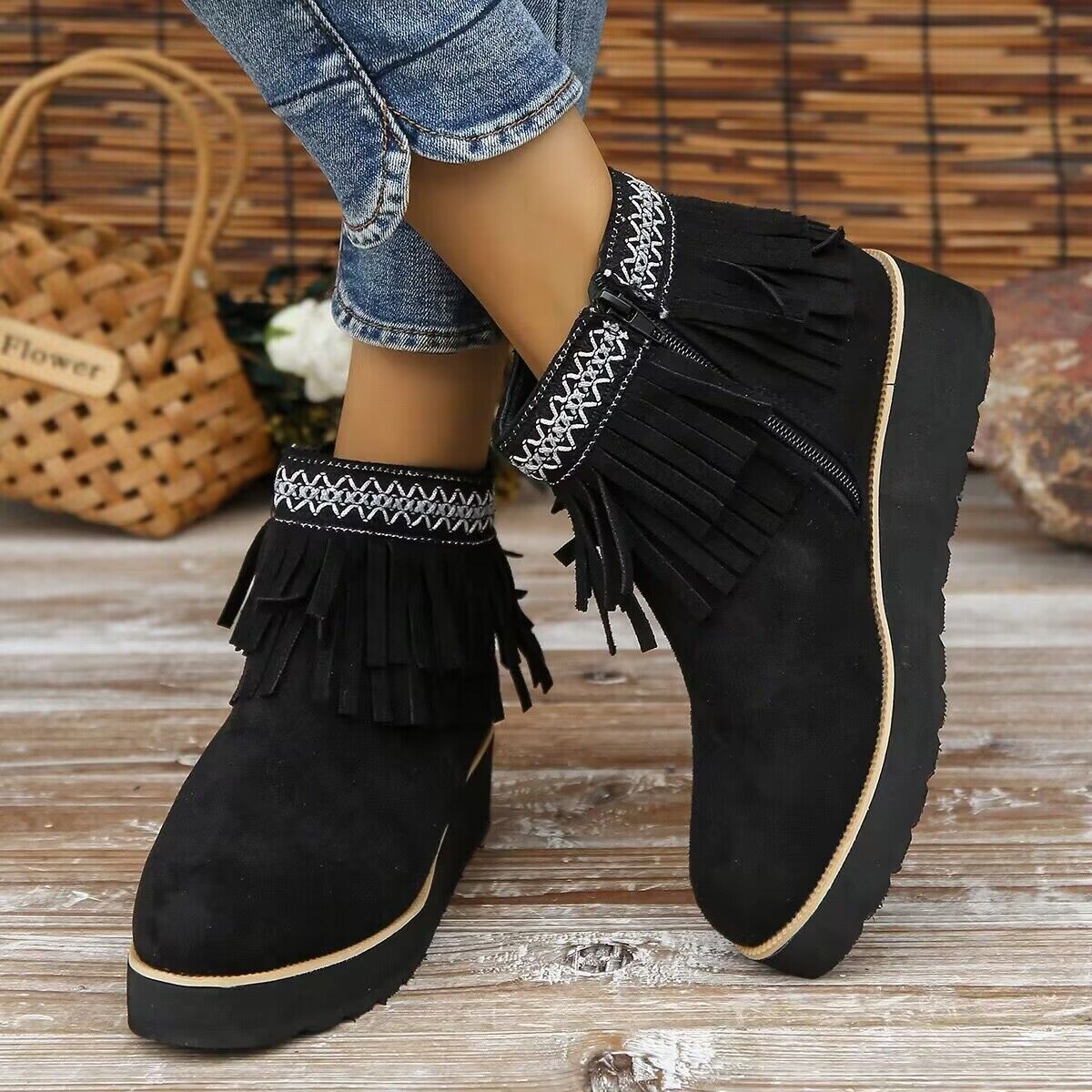 Fringe Round Toe Ankle Boots