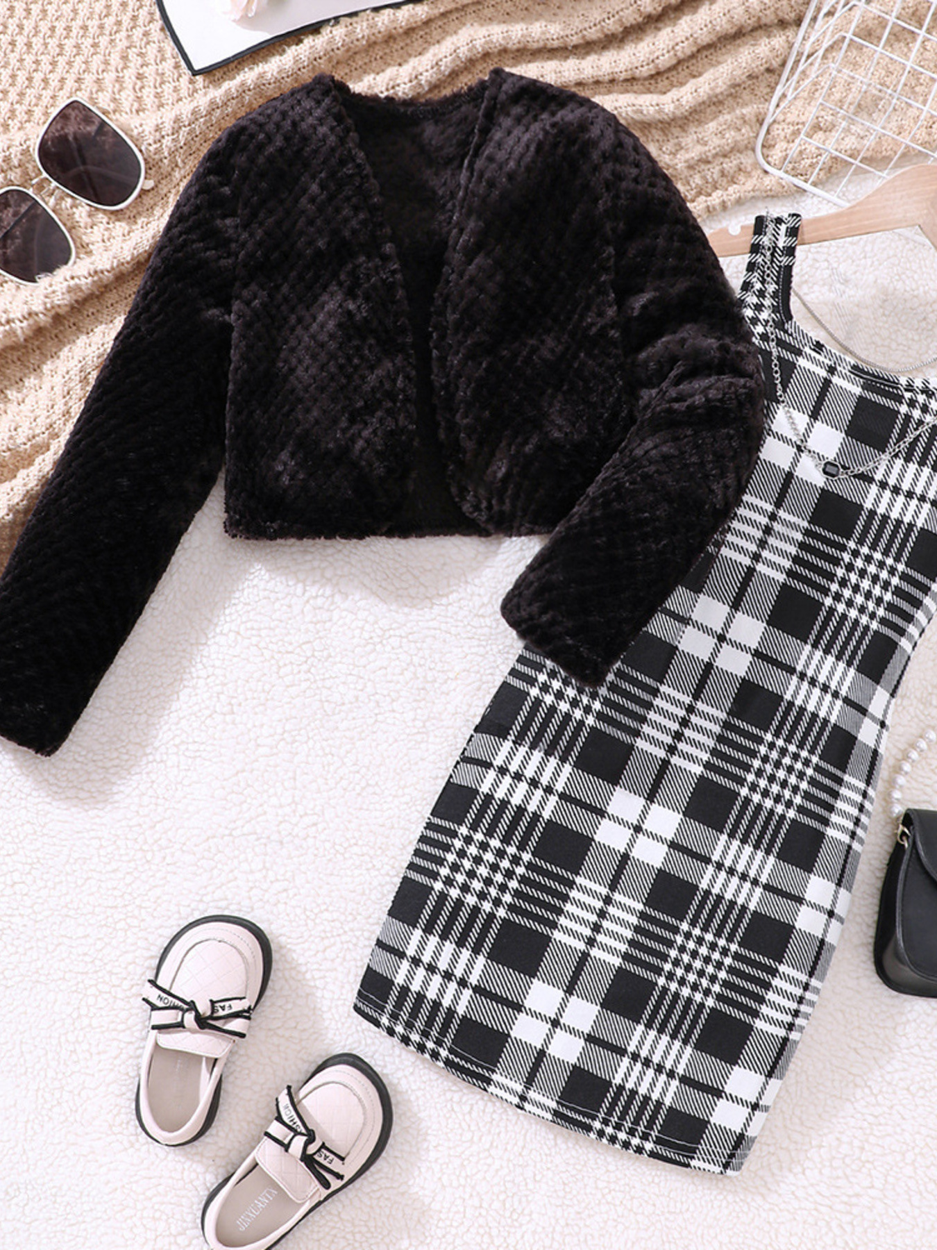 Children's Fuzzy Cardigan & Plaid Dress Set