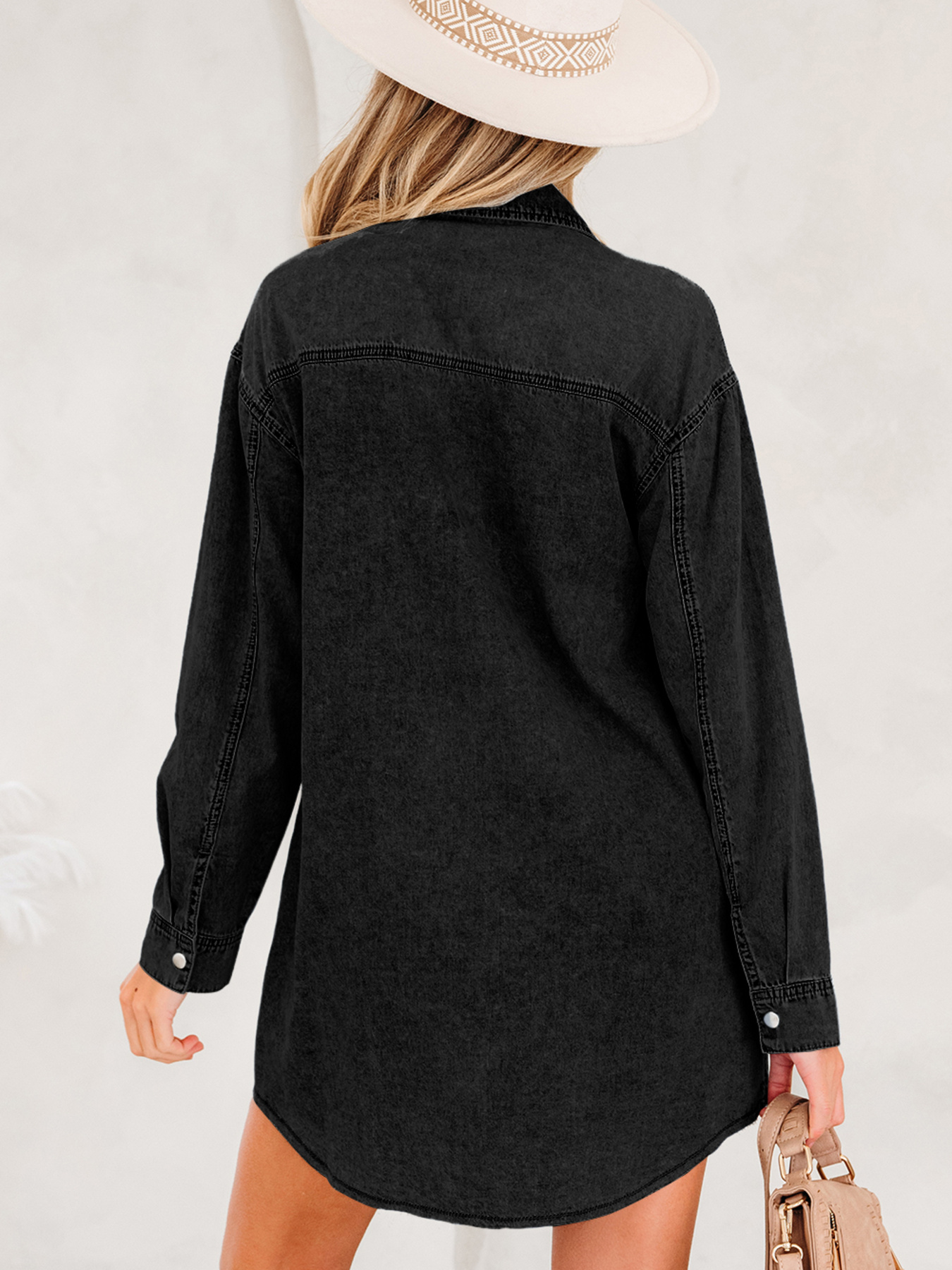 Chest Pocket Raw Hem Denim Loose Shirt Dress