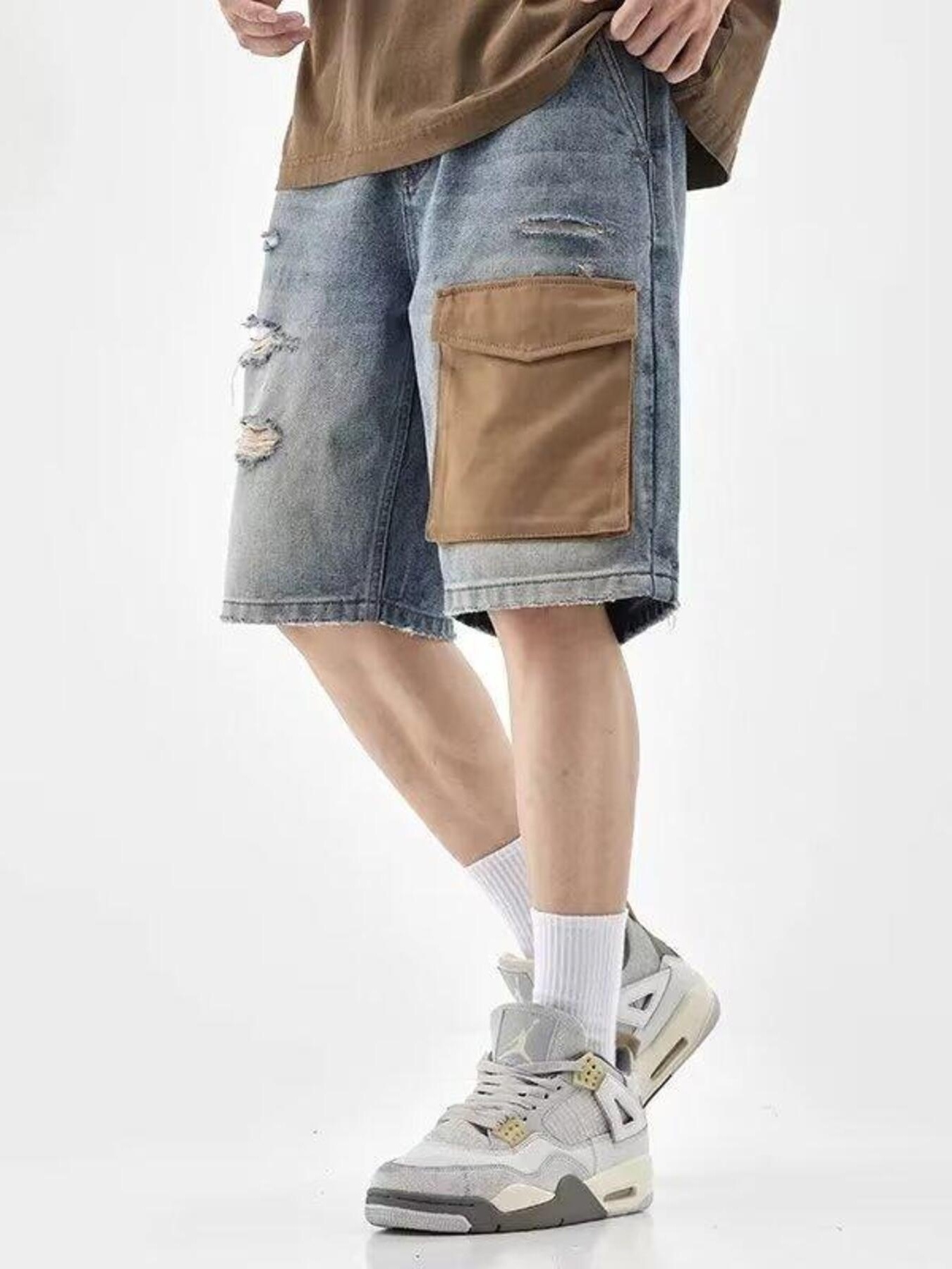 Men's Distressed Denim Shorts with Utility Pocket