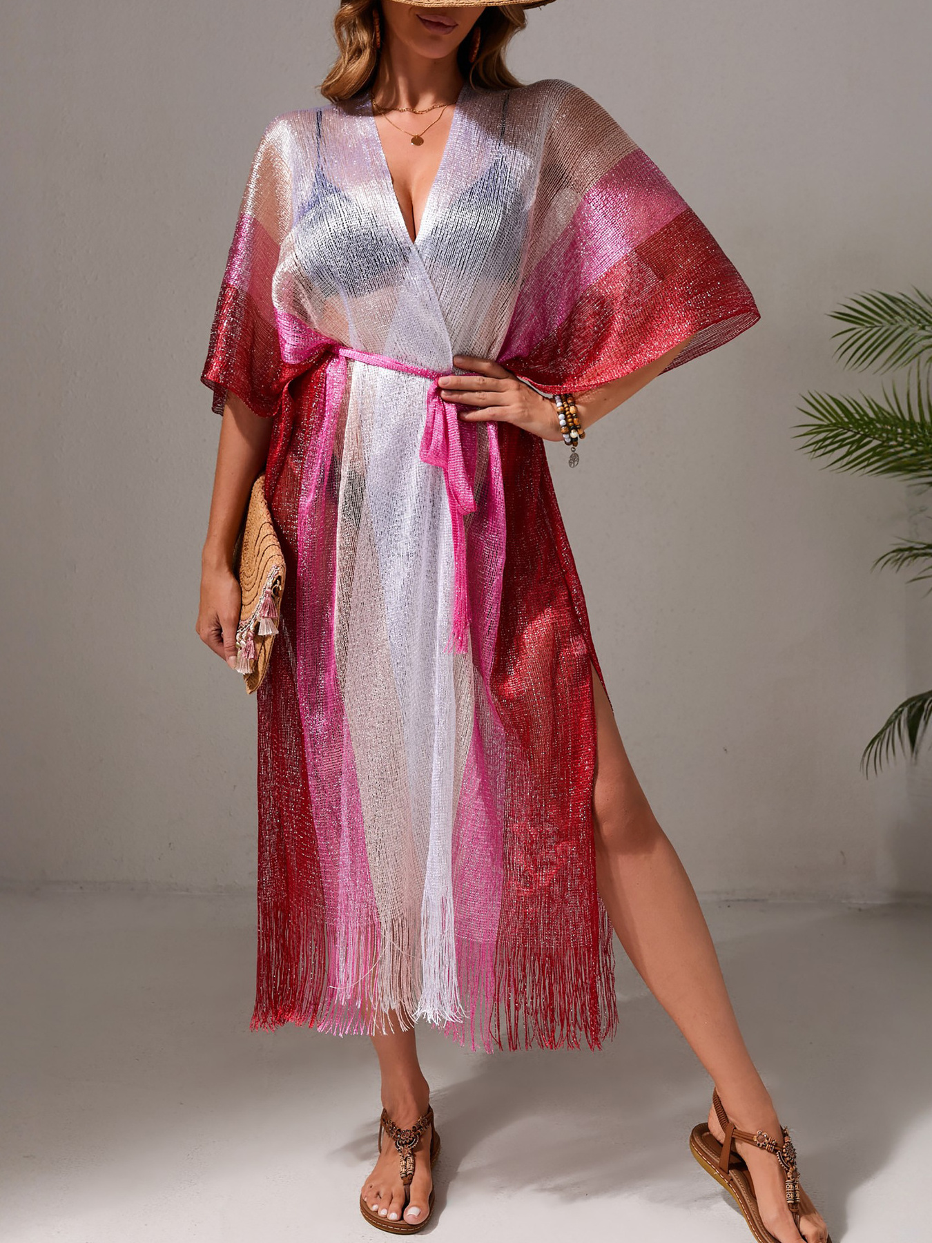 Gradient Fringe Kimono Cover-Up