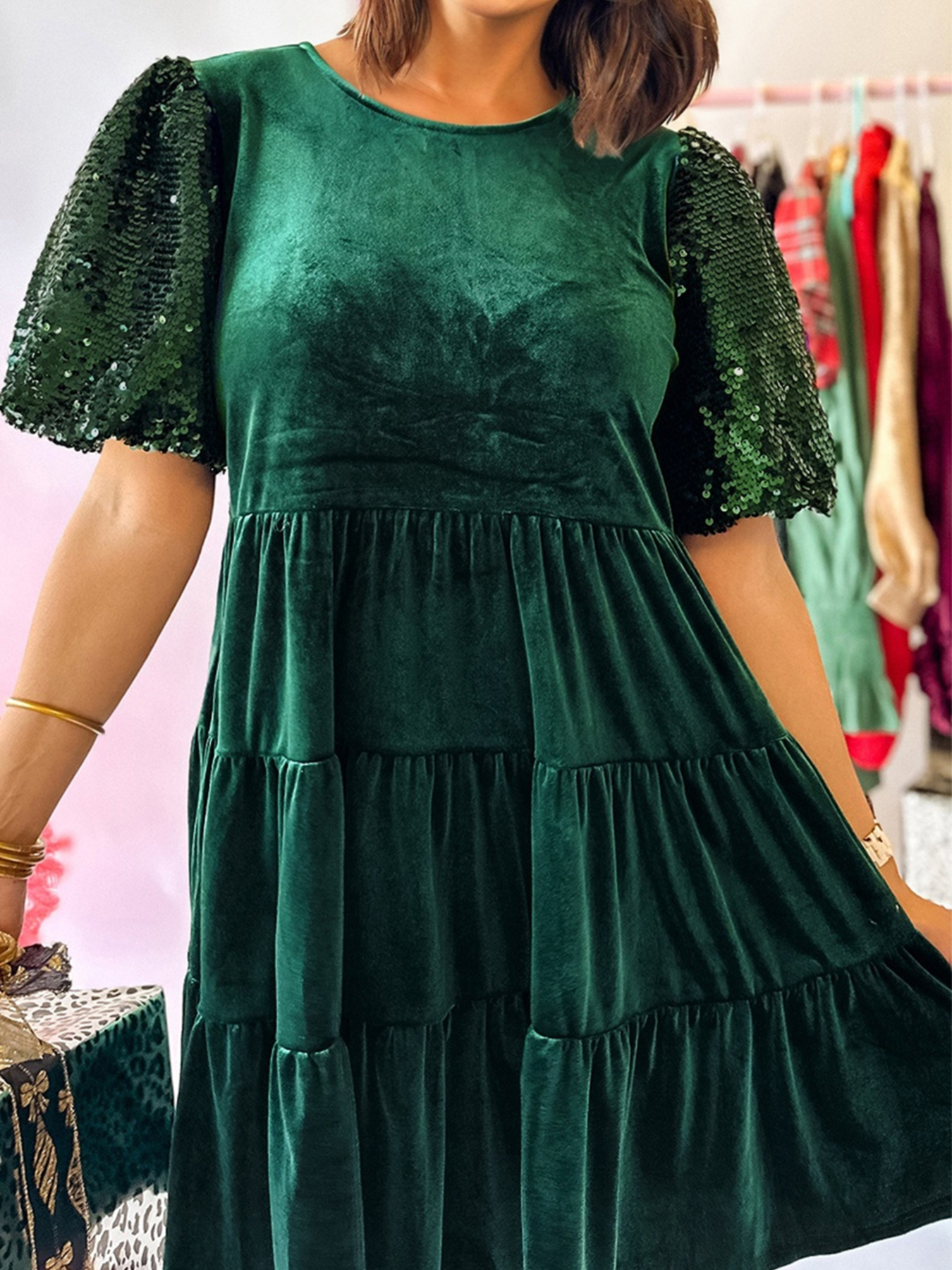 Sequin Puff Sleeve High Waist Tiered Velvet Mini Dress